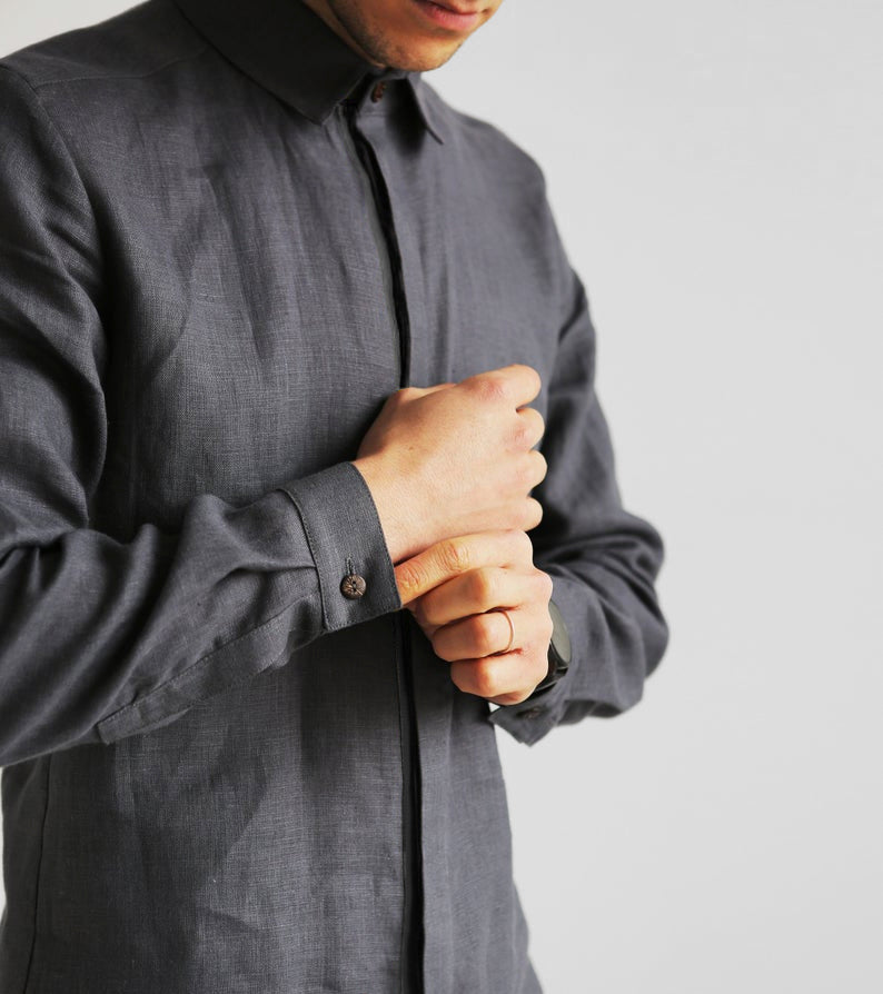 Men’s Classic Collar Linen Shirt GARNET in Dark grey