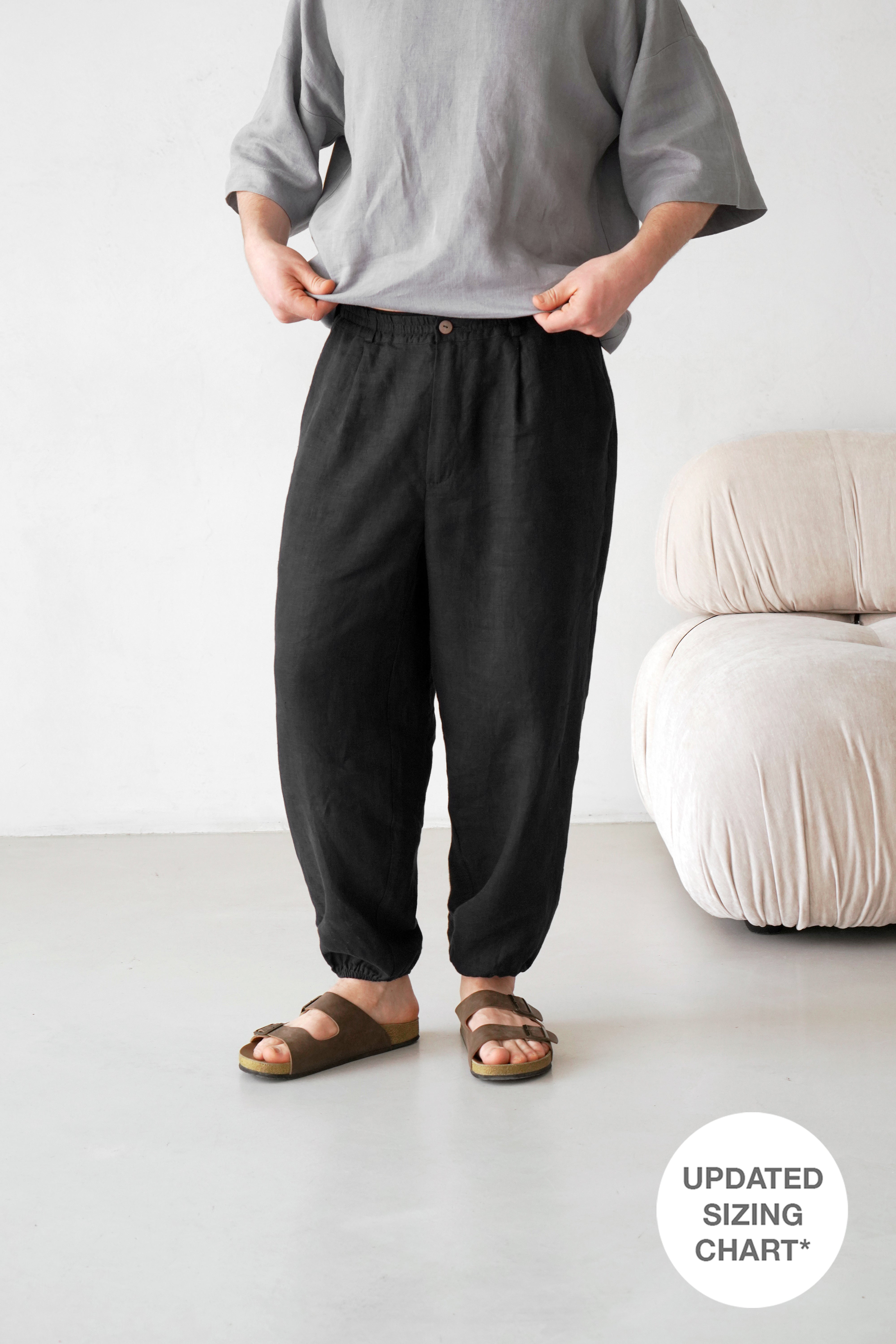 Men's Pleated Linen Pants with Elastic Cuffs OLMO in Black