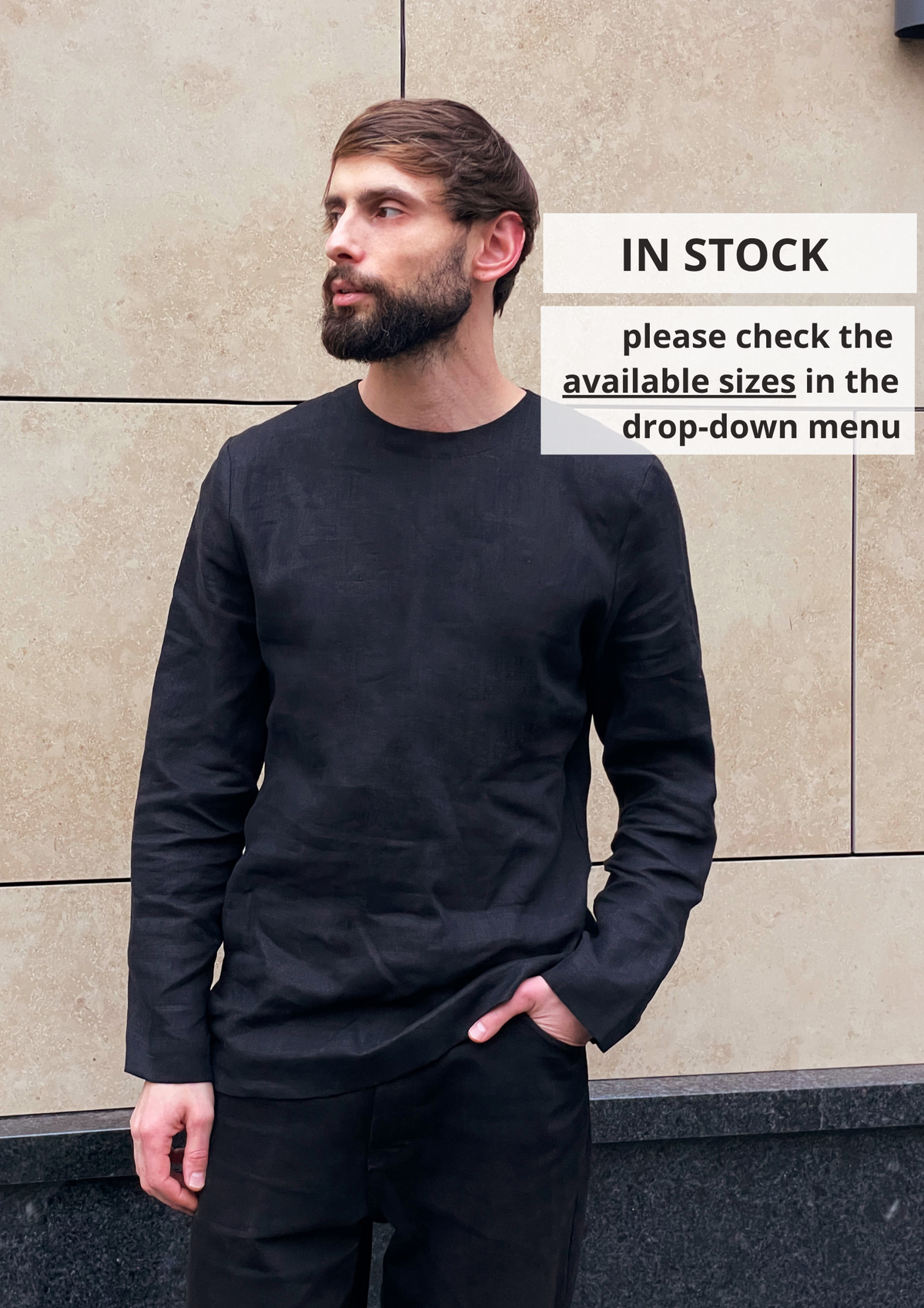 Long Sleeve Linen T-Shirt – Narrow Neck EBONY - IN STOCK