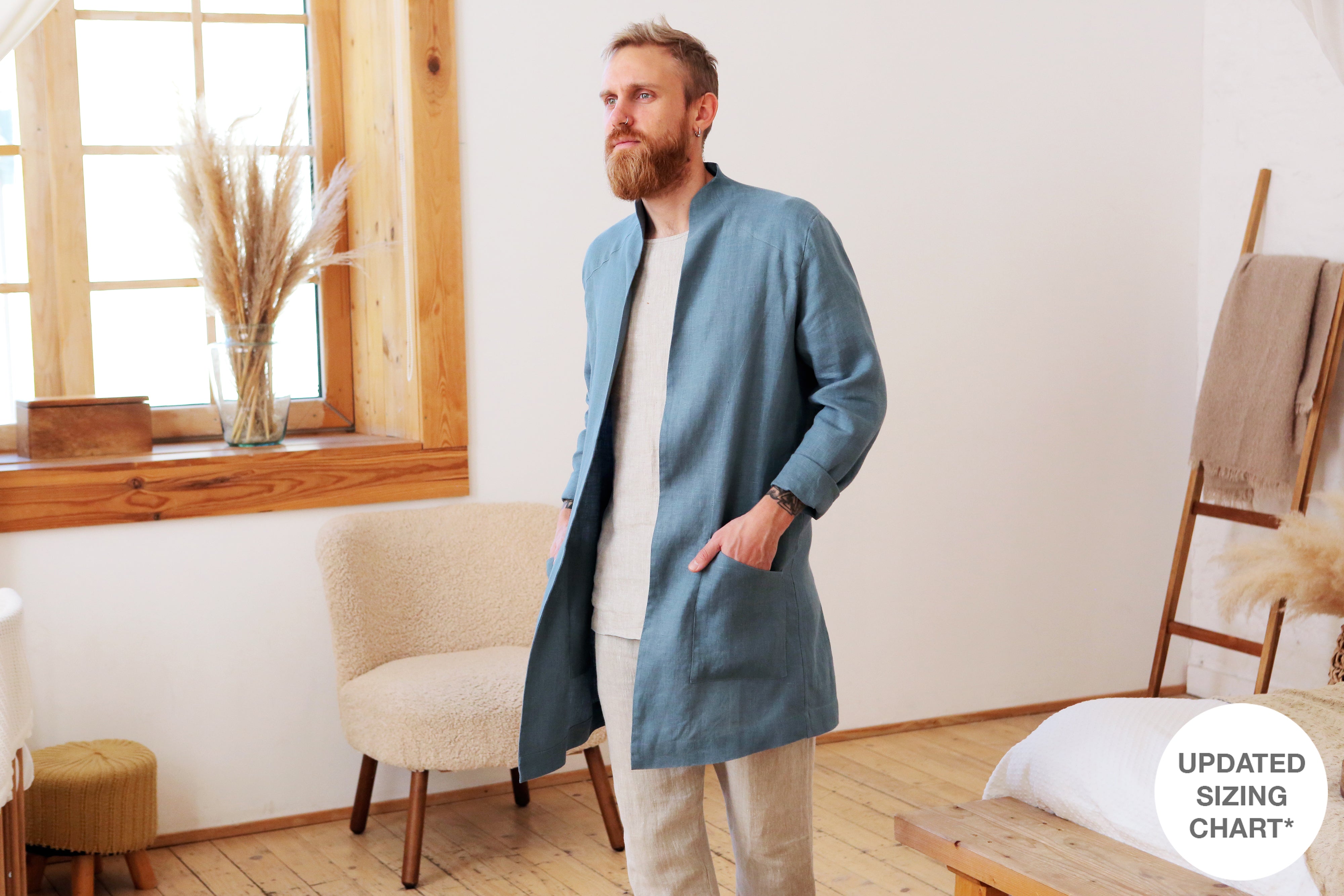 Men’s Linen Trench ALMOND in Blue grey