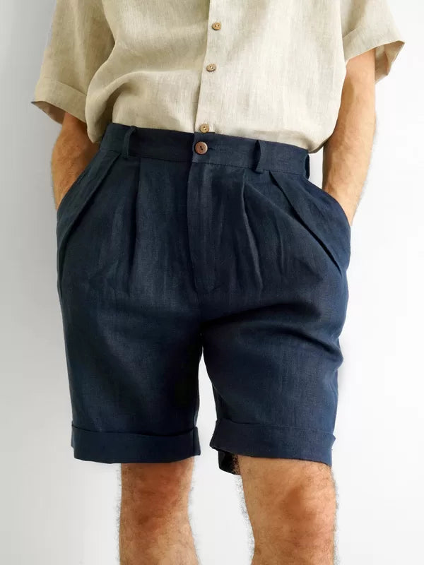 Men’s linen shorts with pleats CEDAR in Dark blue