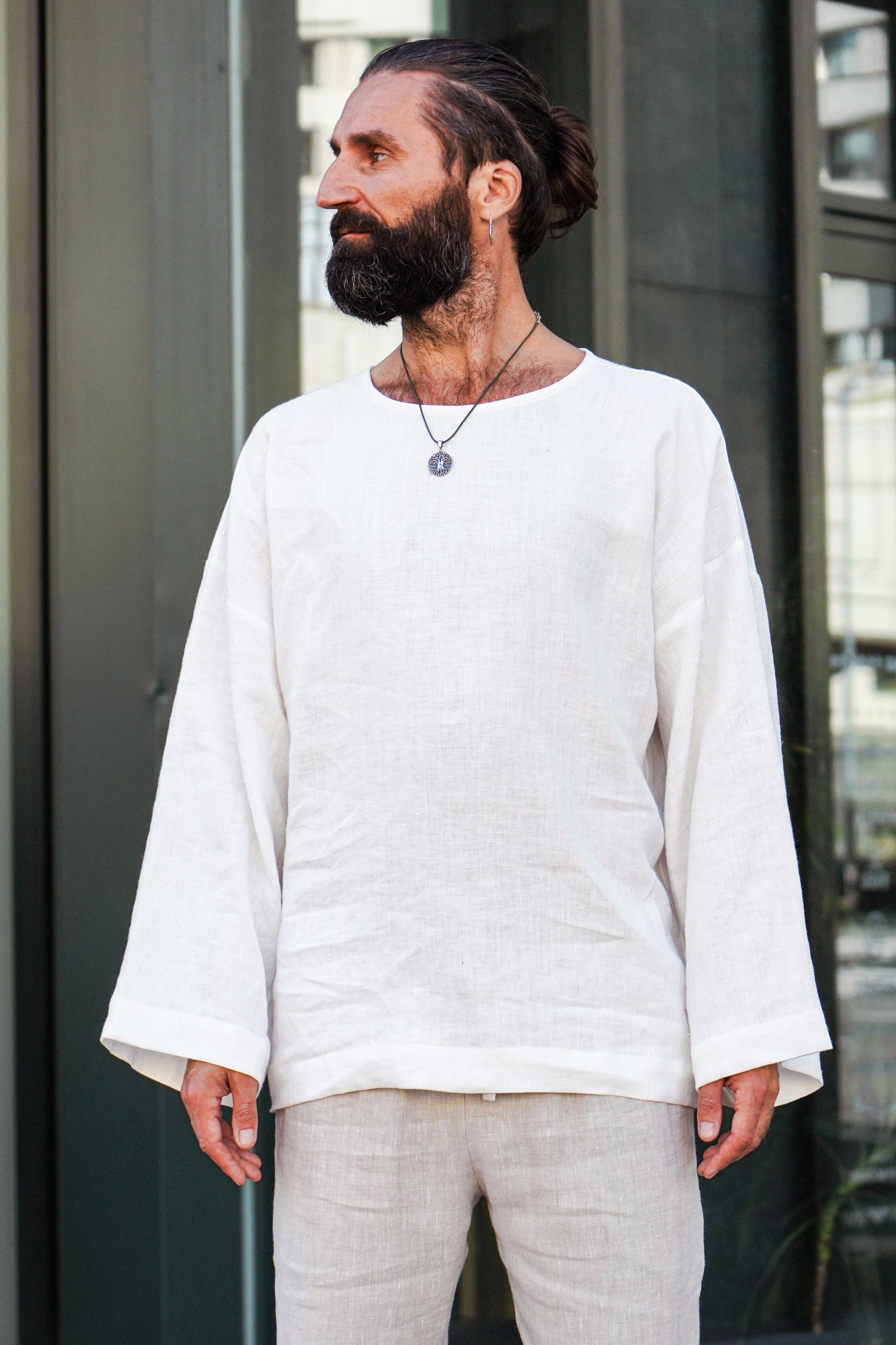 Men’s oversized linen sweatshirt with wide sleeves ACACIA in Beige
