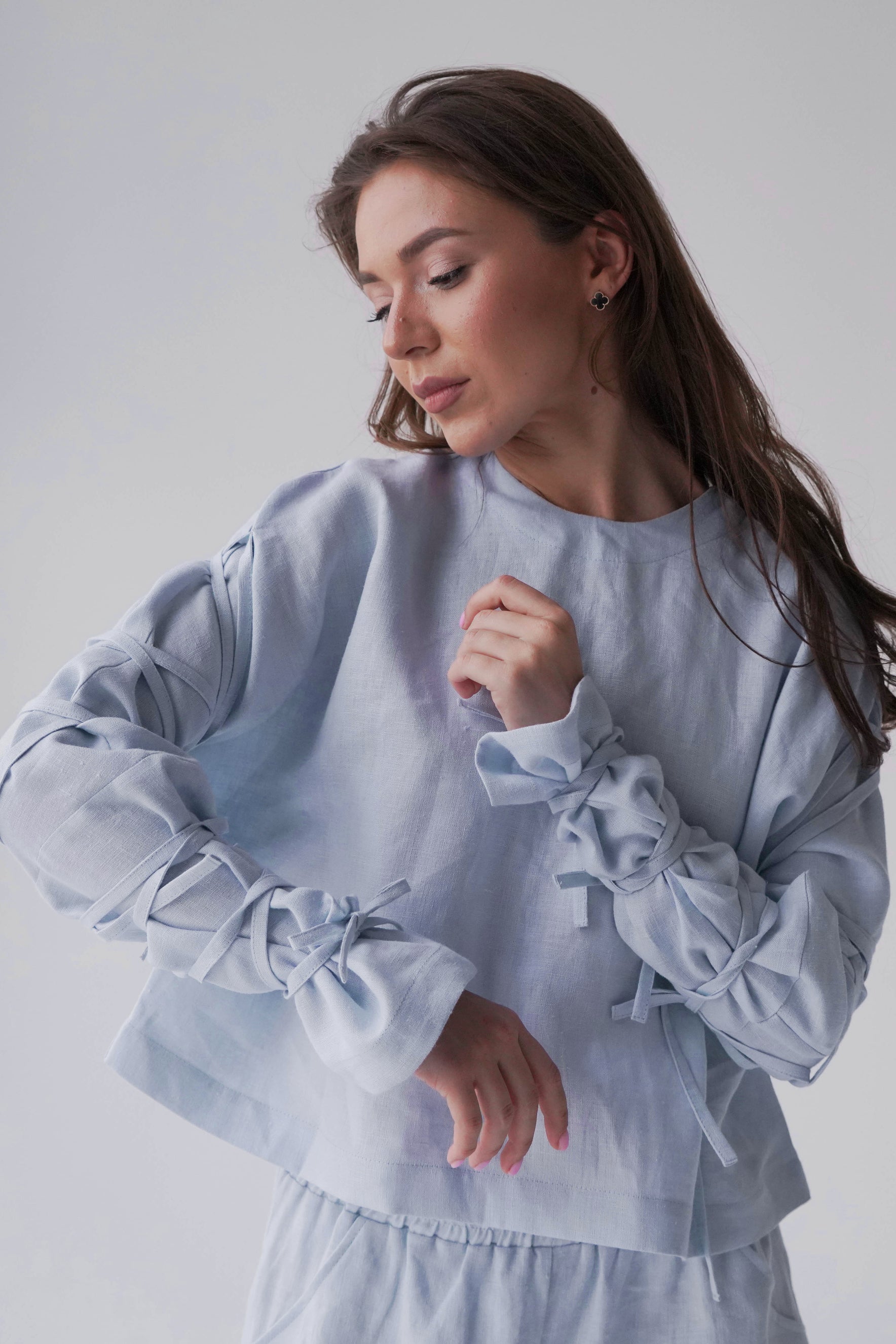 Womens Linen Crop Blouse OLEA in Light blue