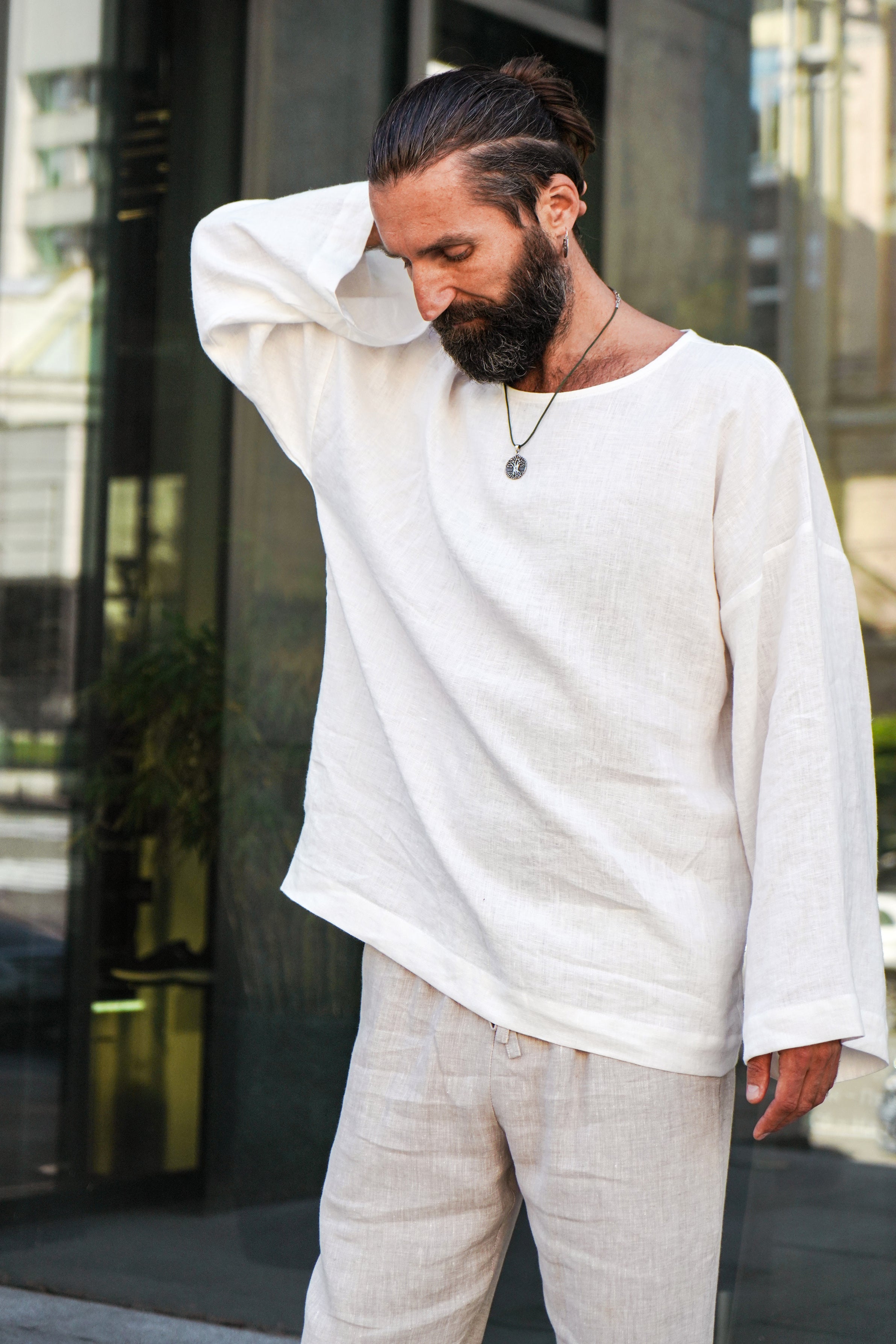 Men’s oversized linen sweatshirt with wide sleeves ACACIA in Beige
