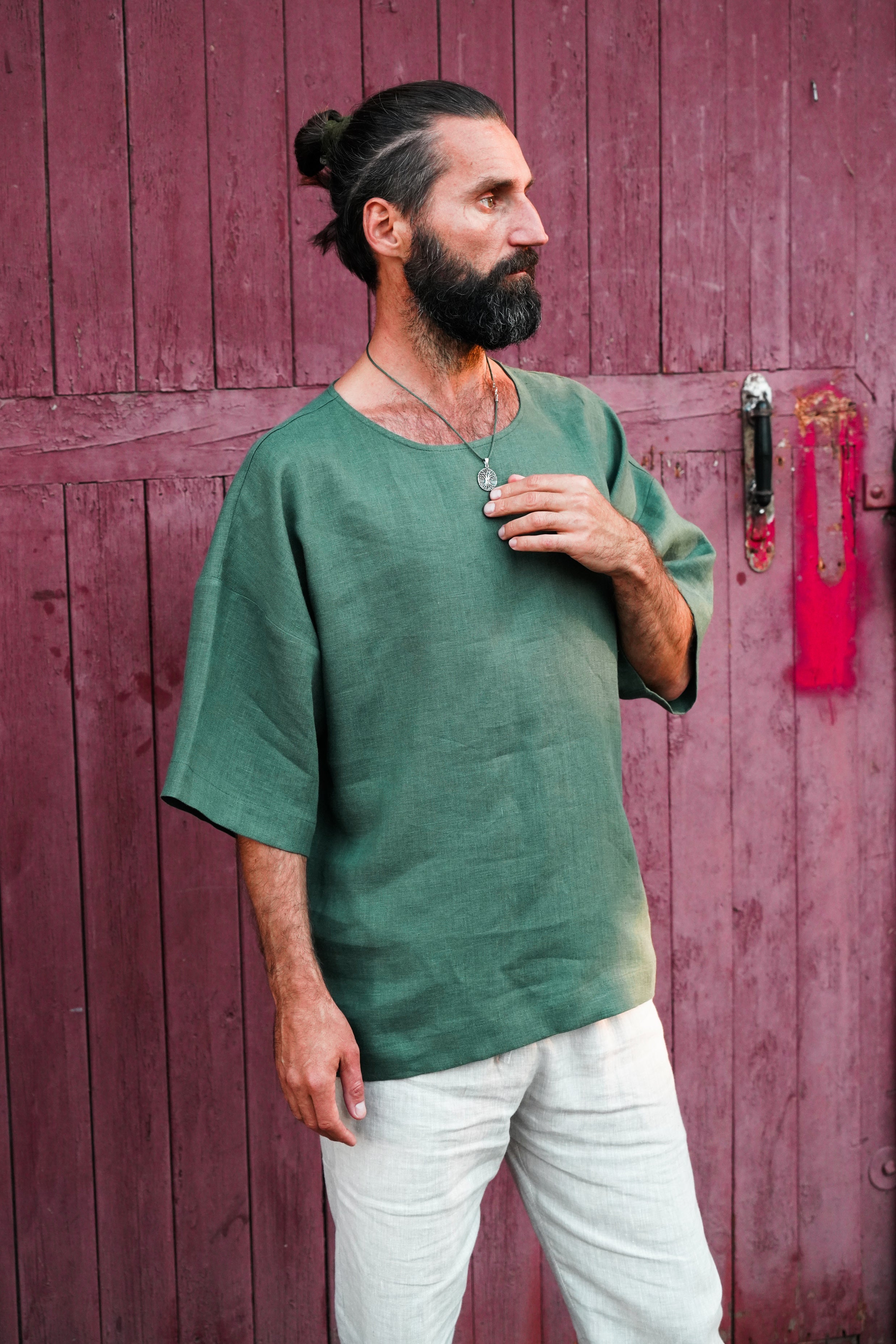 Men’s Oversized Linen T-Shirt LOTUS in Green