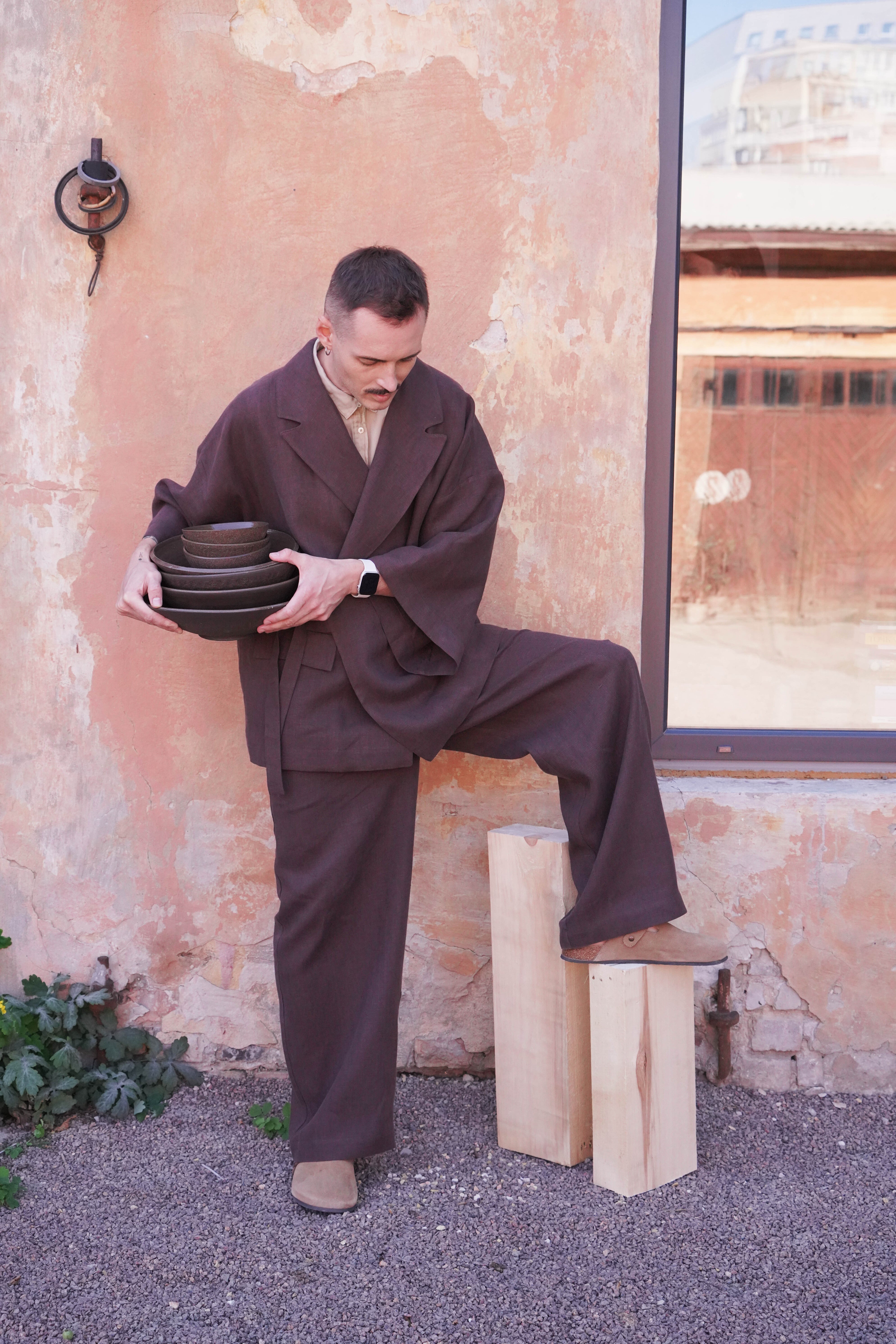 Mens Linen Kimono Jacket SAKURA in Brown
