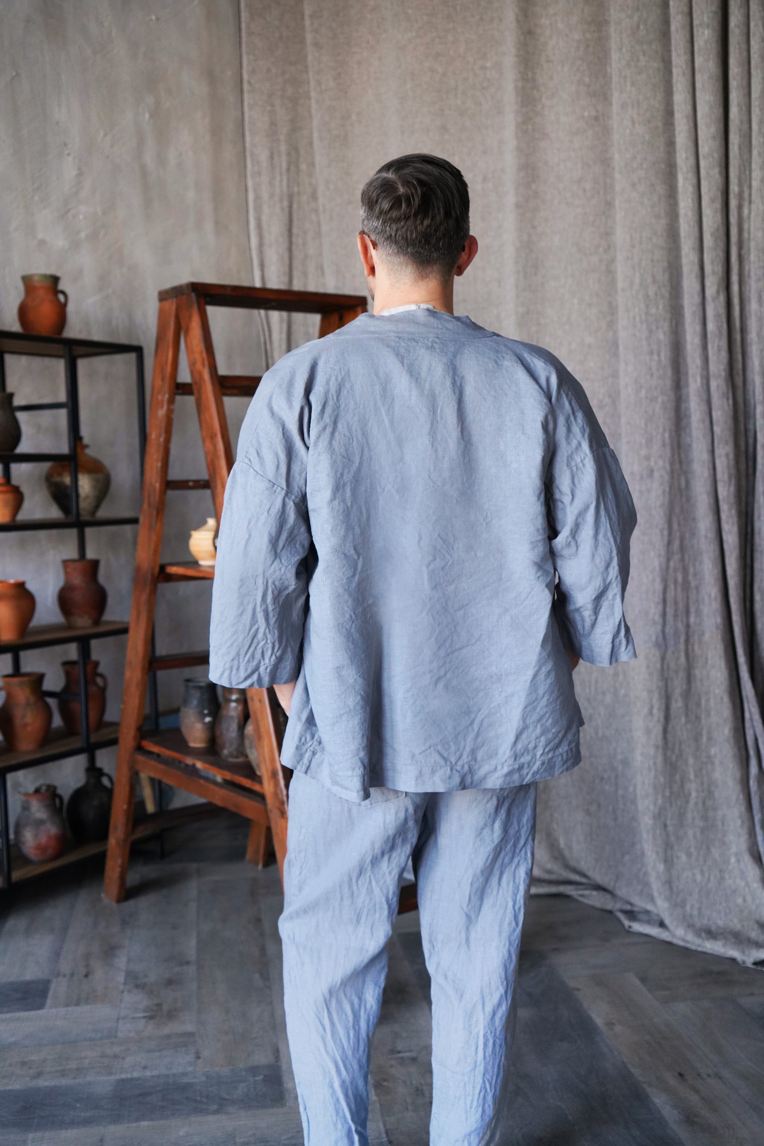 Mens Linen Kimono Jacket TANSY in Light grey