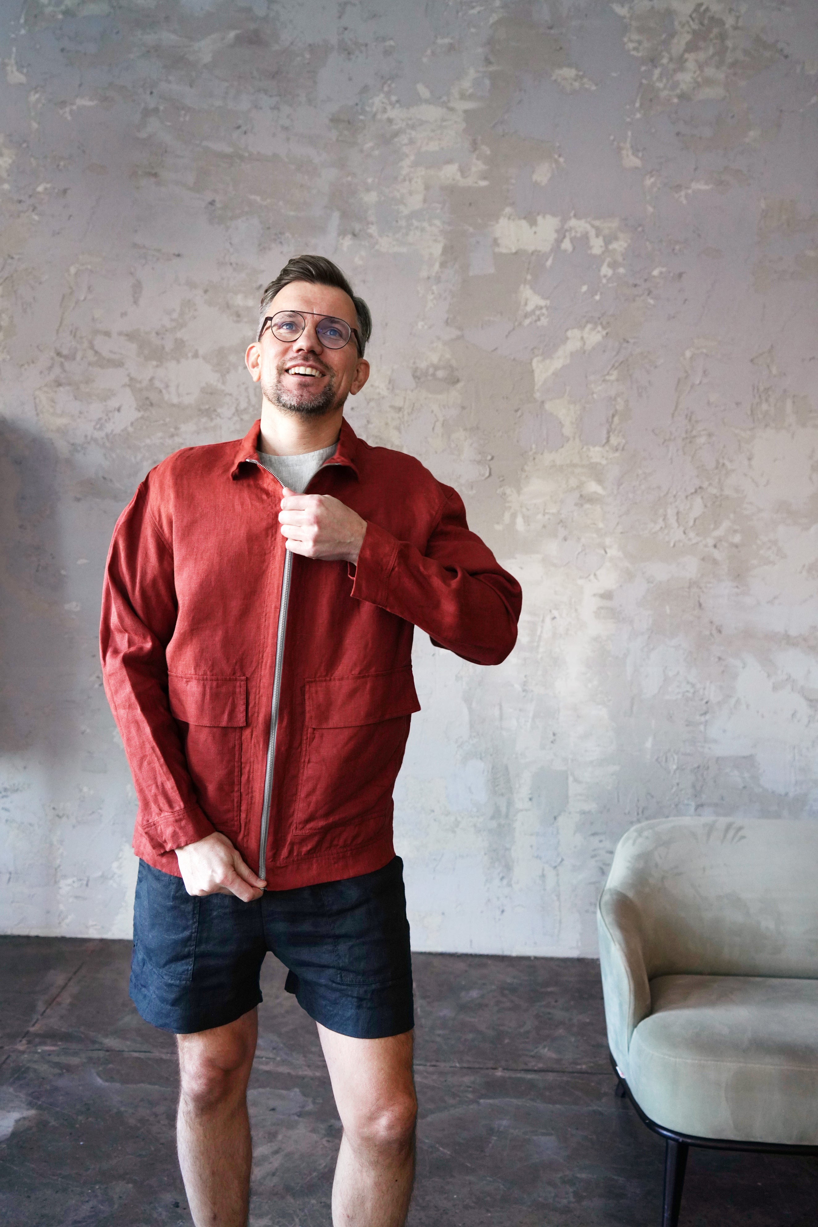 Men’s Linen Bomber Jacket BERGAMOT in Terracotta