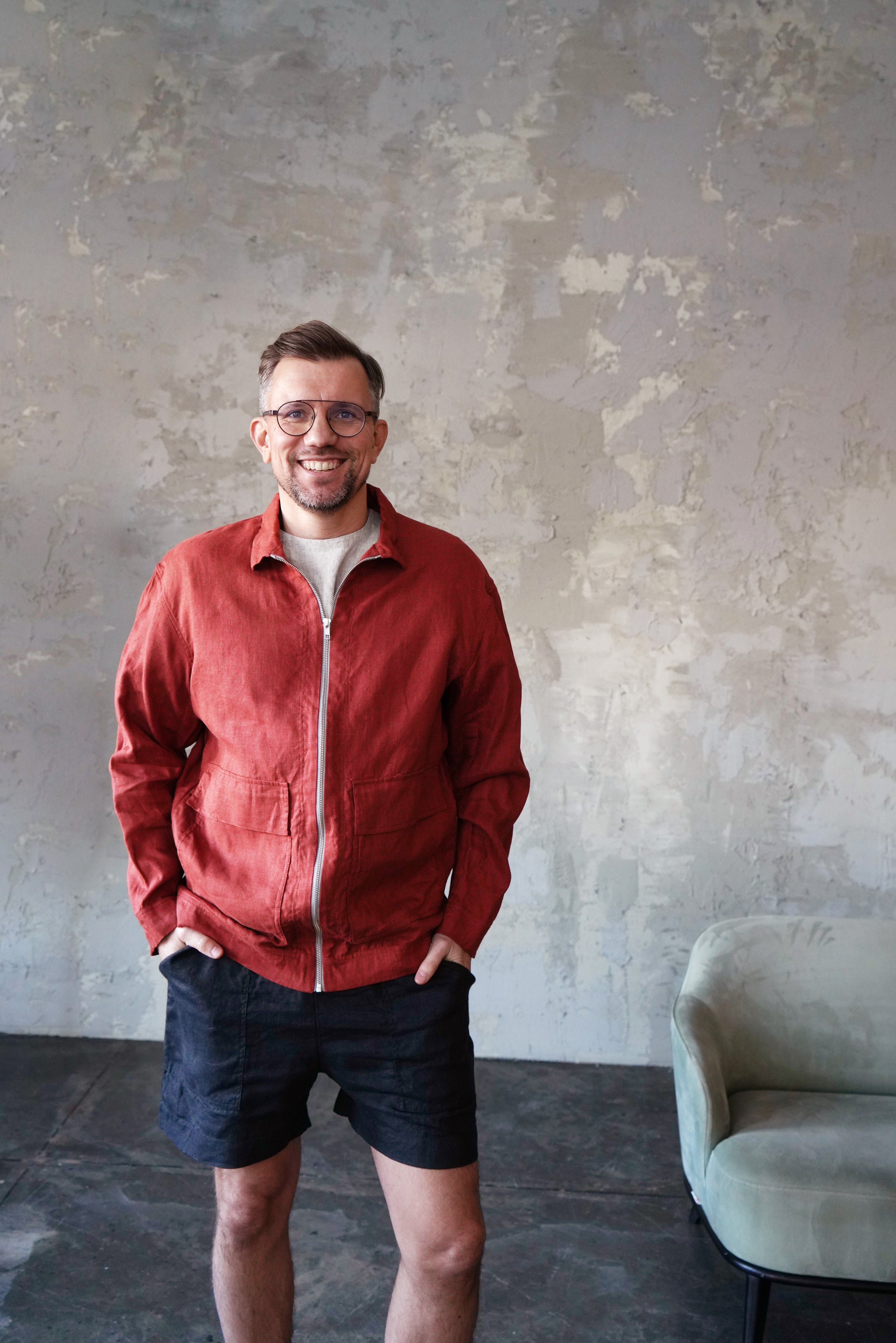 Men’s Linen Bomber Jacket BERGAMOT in Terracotta