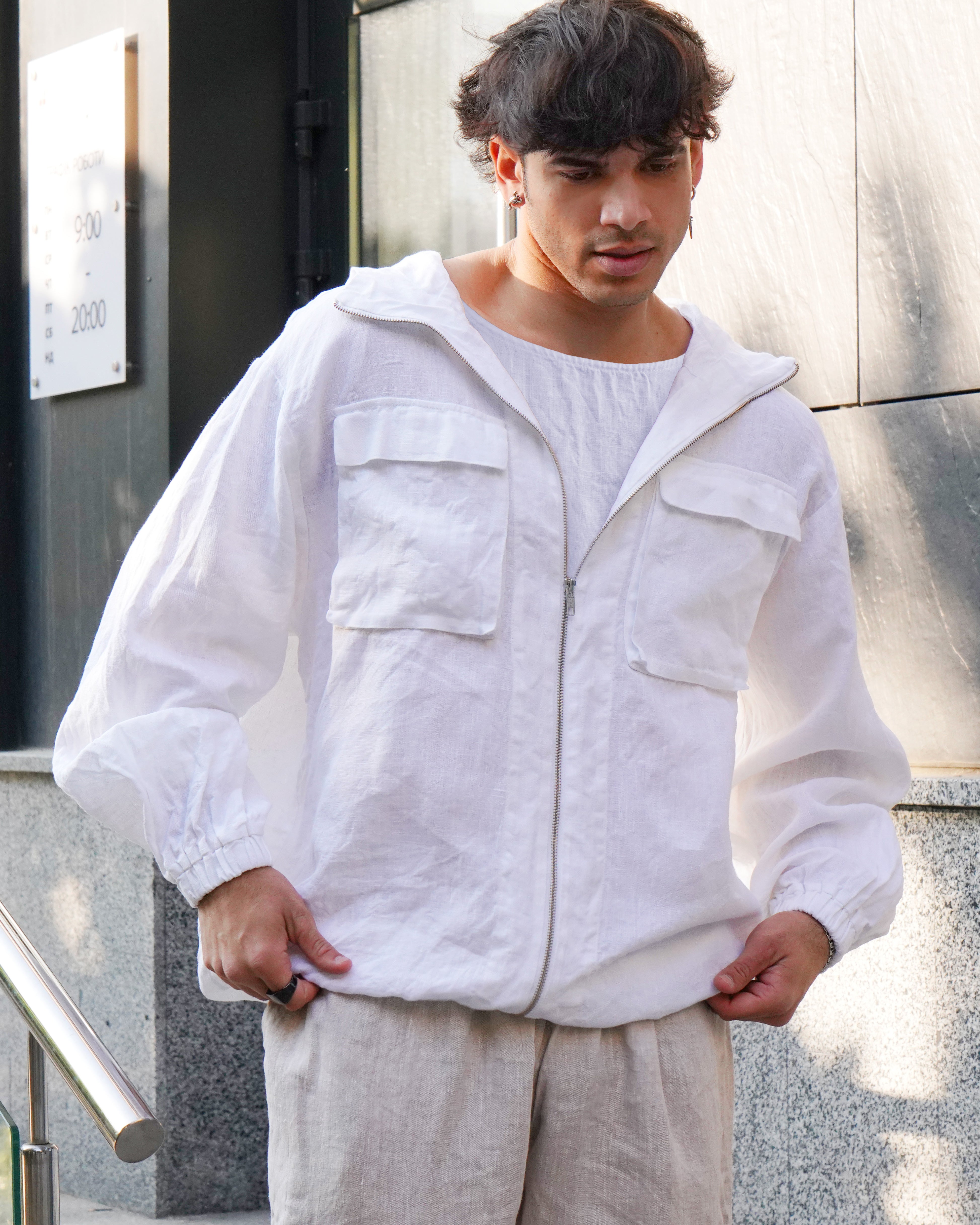 Men’s Linen Oversized Hooded Jacket Sycamore in White