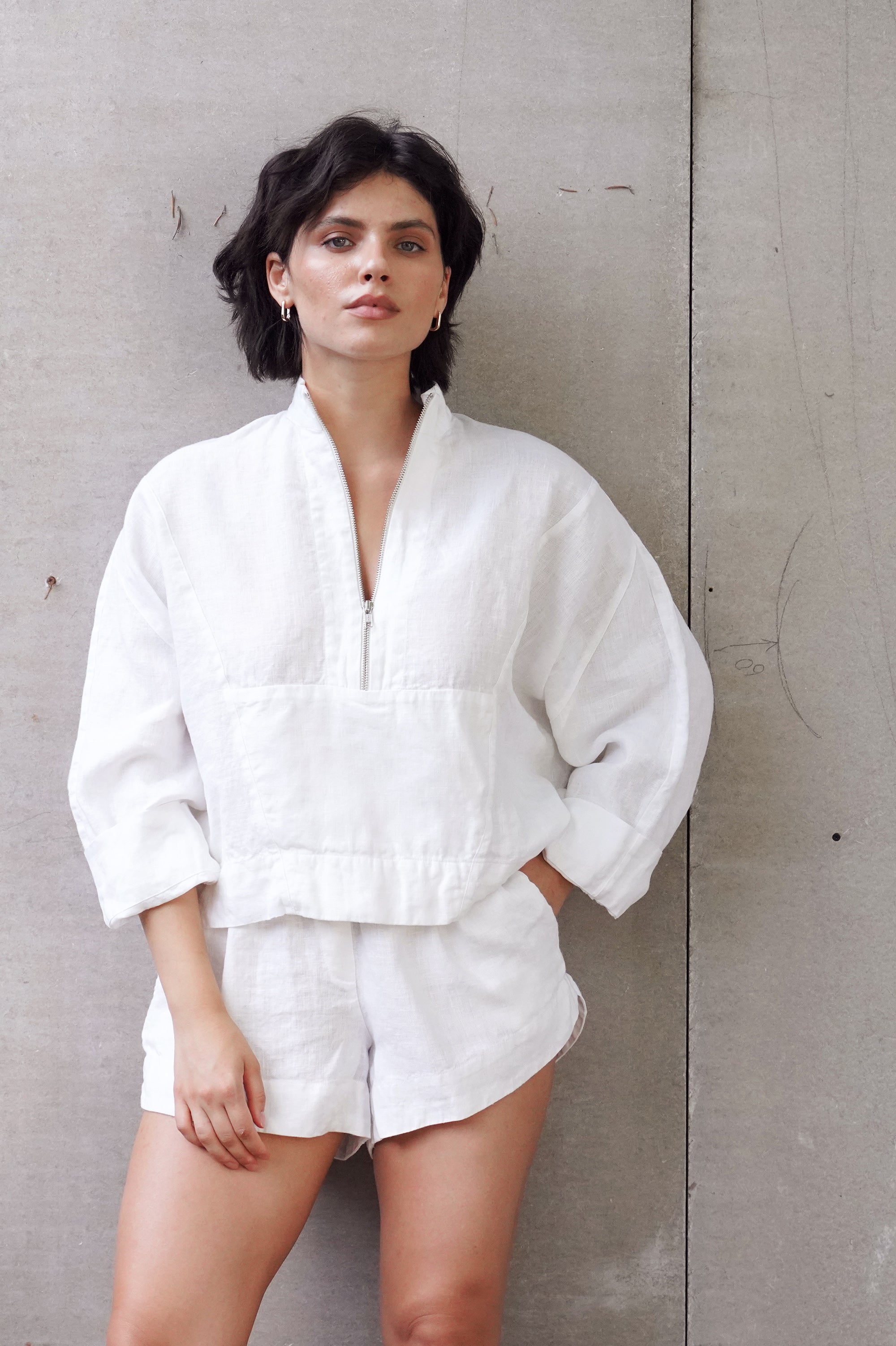 Women's Linen Zip Pullover Top TULIP in White