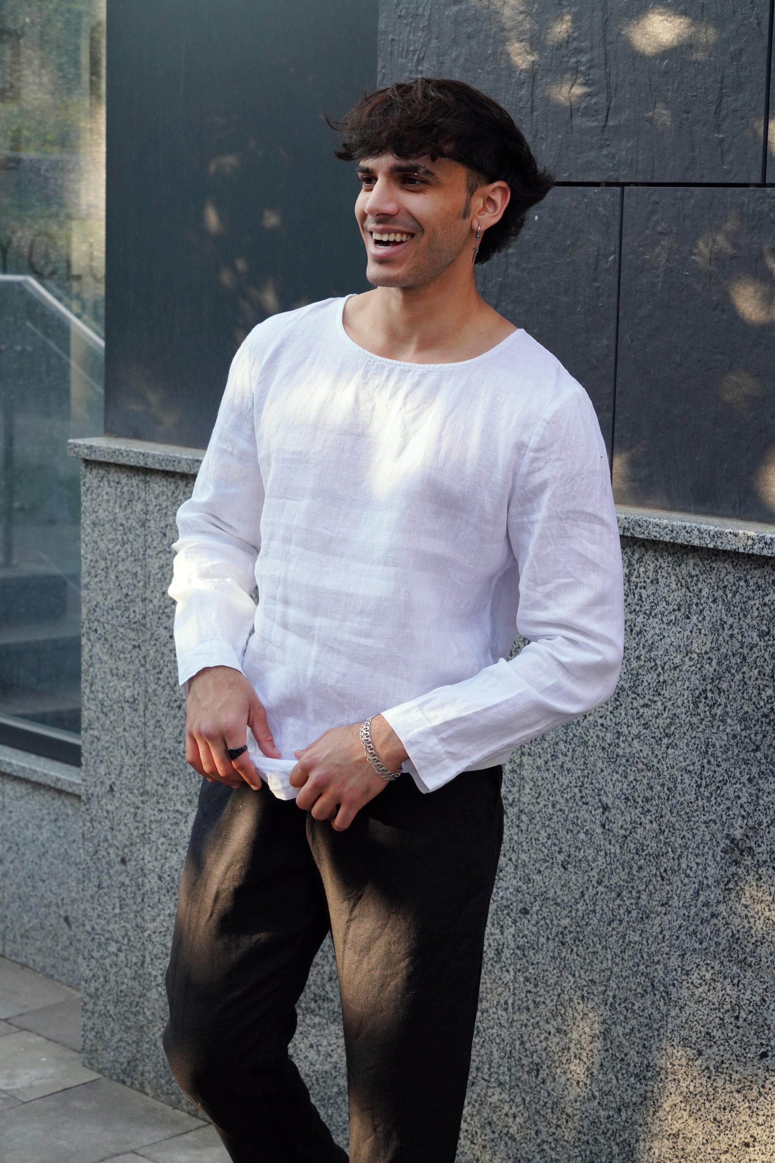 Long Sleeve Linen T-Shirt BIRCH in White