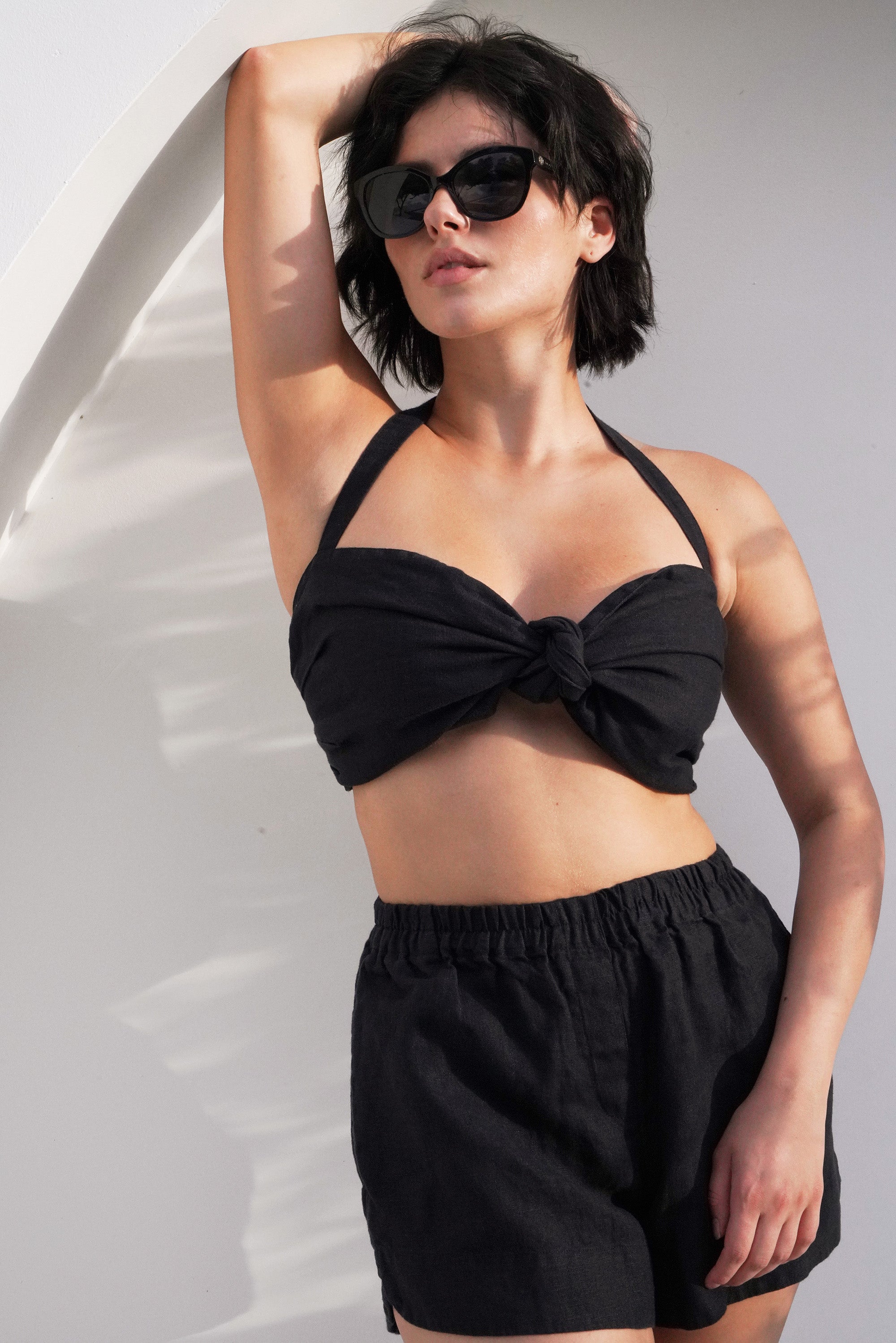 Linen Halter Top with Front Knot PETAL in Black