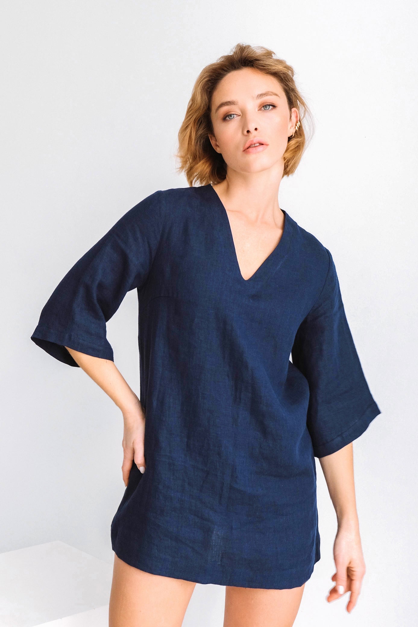 Short Summer Linen Dress SORRA in Dark blue