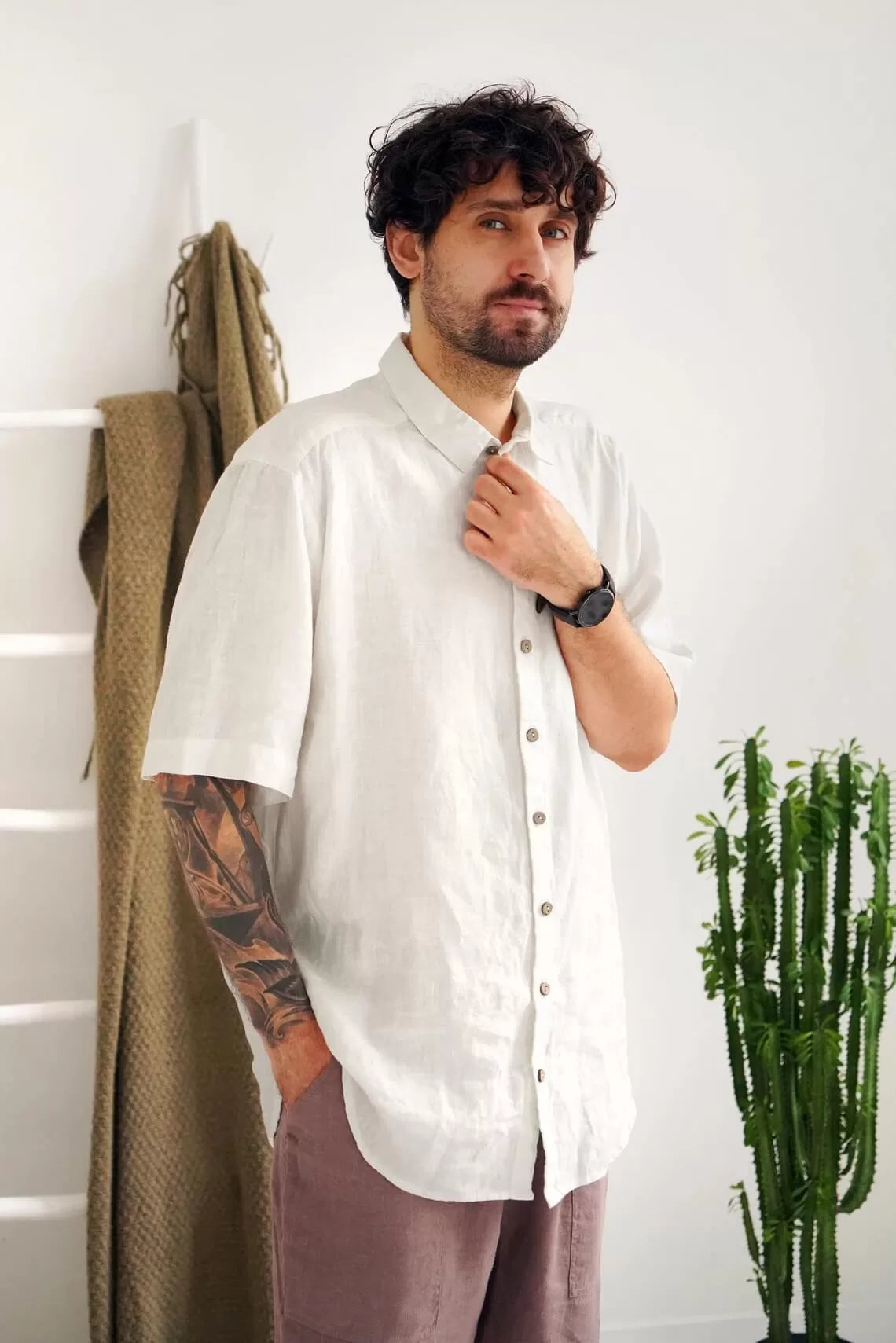 Men’s short sleeve linen shirt GARNET in White