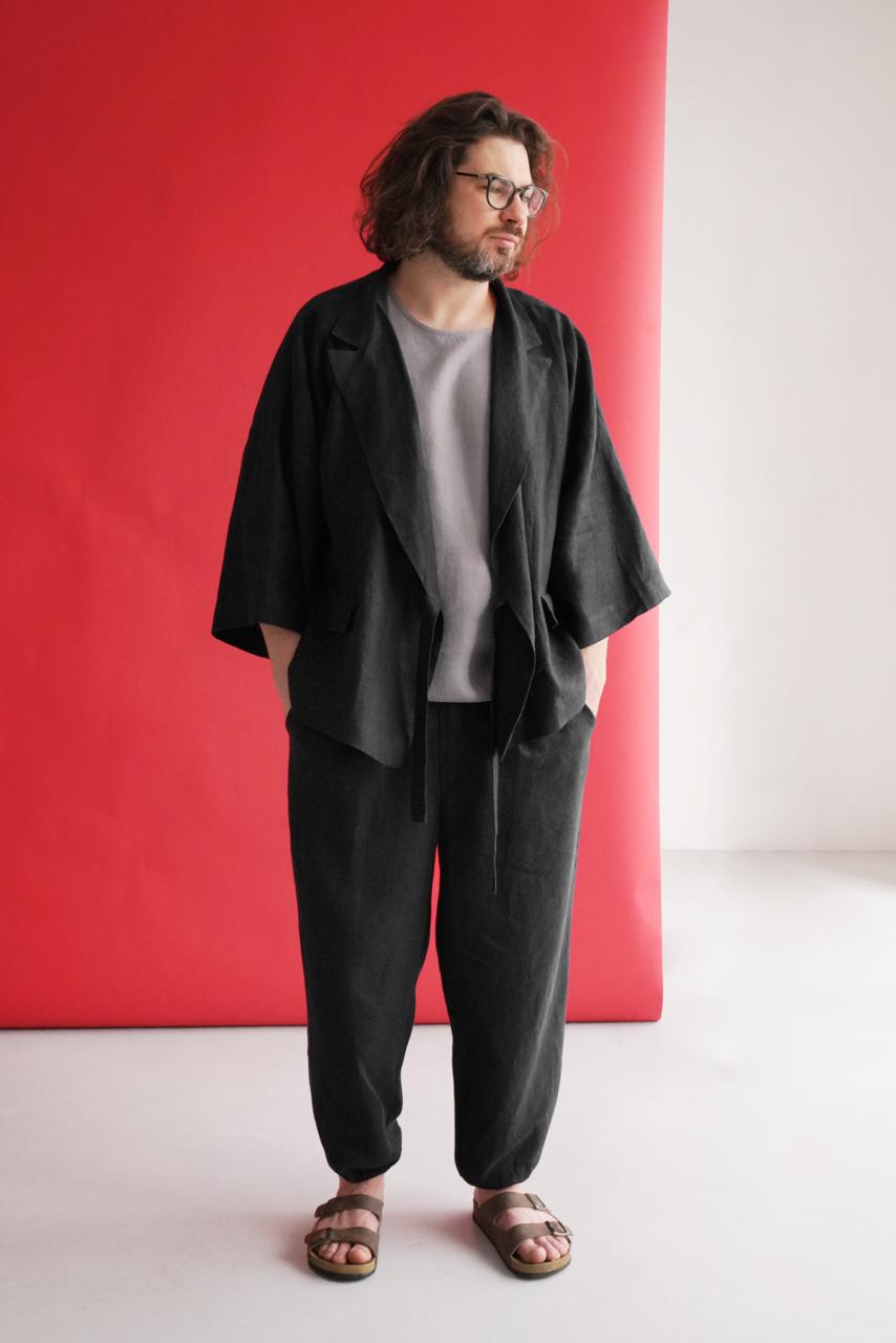 Mens Linen Kimono Jacket SAKURA in Black