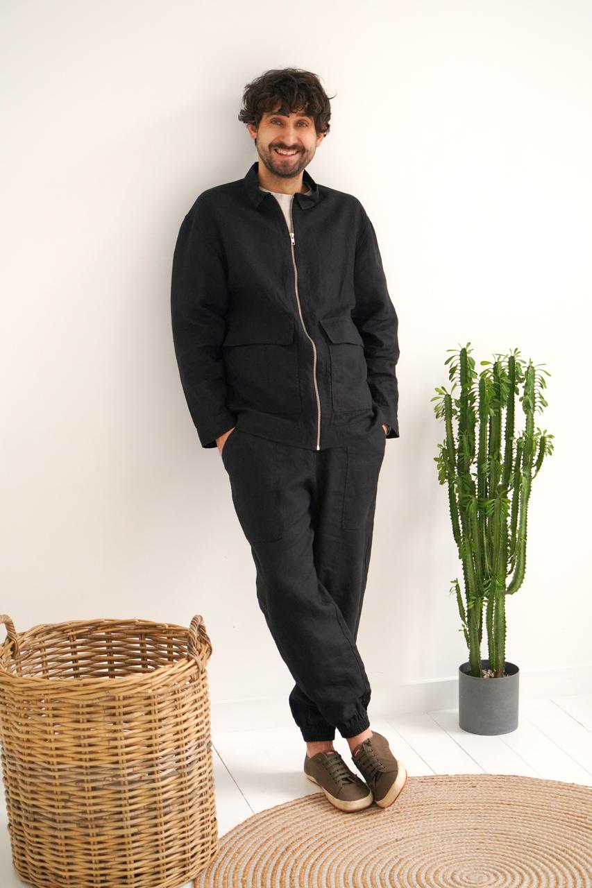 Men’s Linen Bomber Jacket BERGAMOT in Black