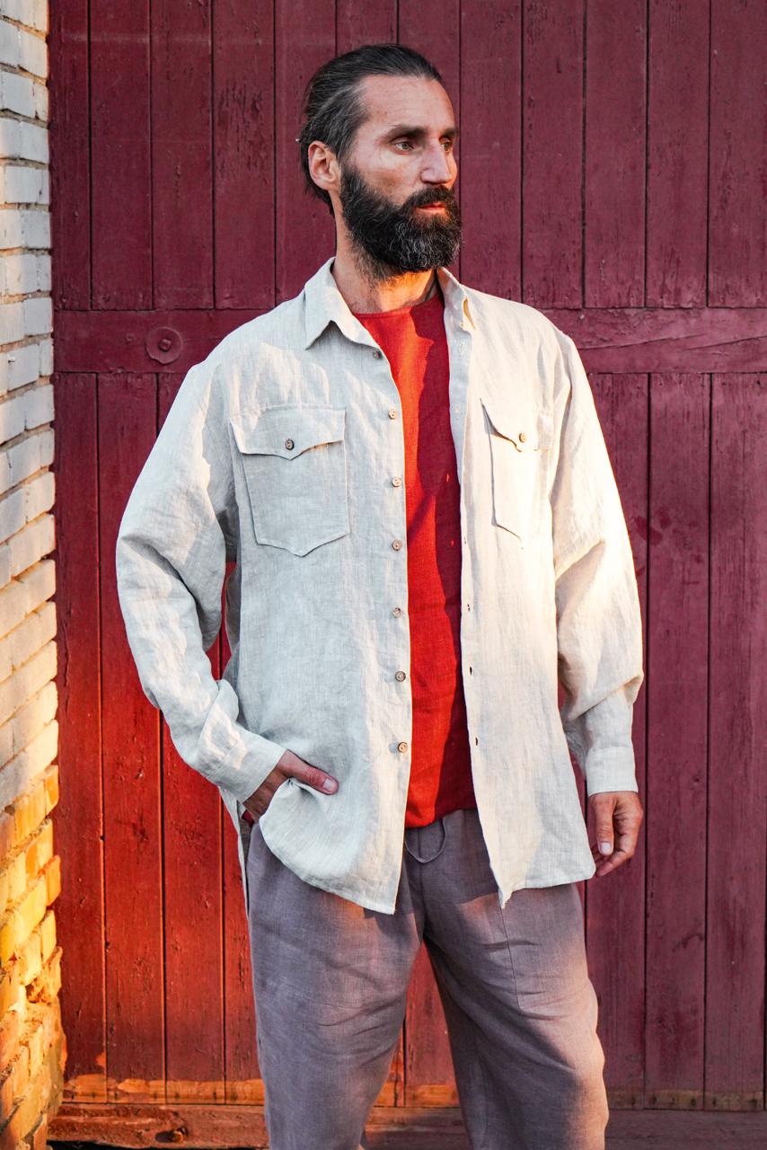 Mens relaxed linen shirt SANDWOOD - IN STOCK