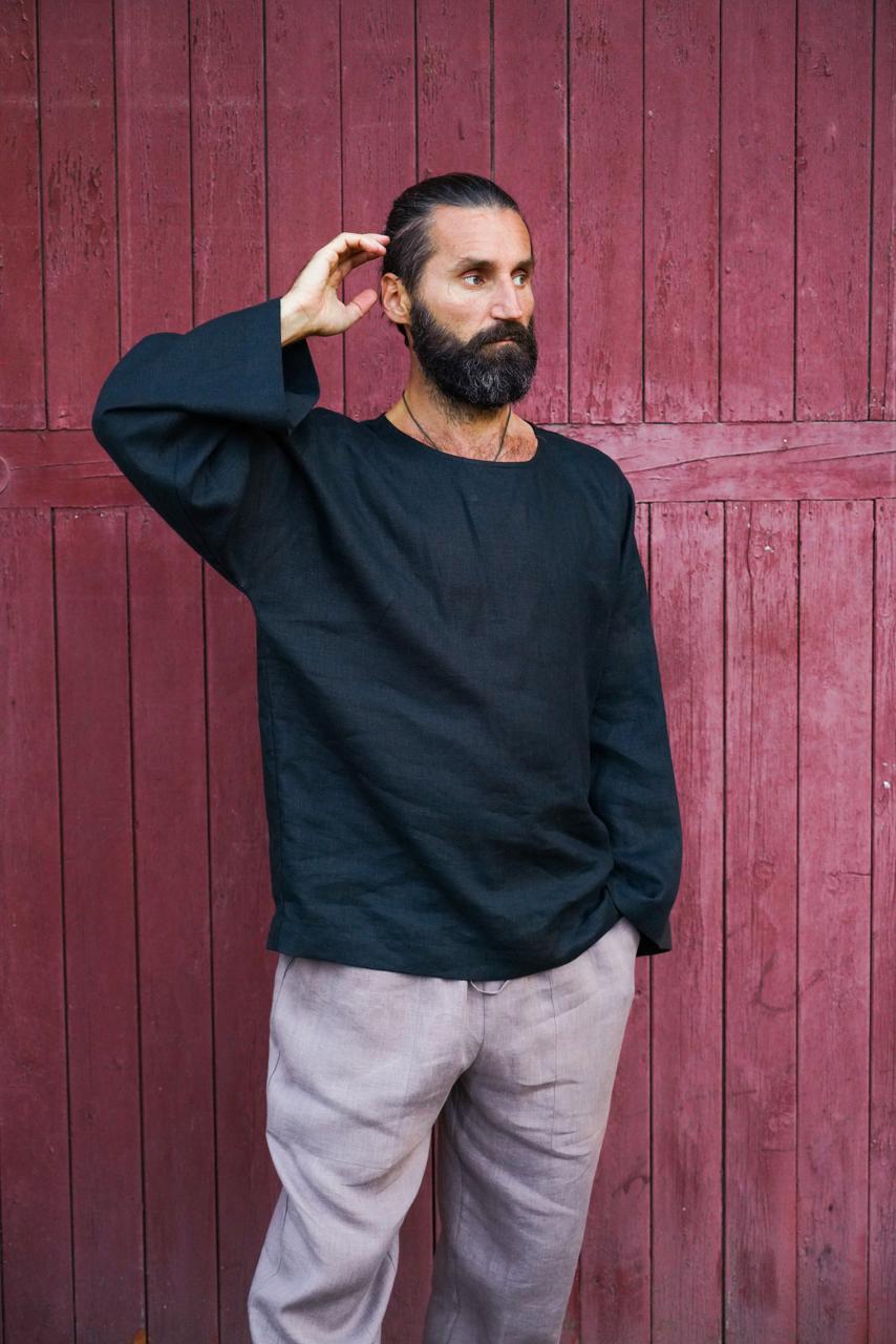 Men’s oversized linen sweatshirt with wide sleeves ACACIA in Black
