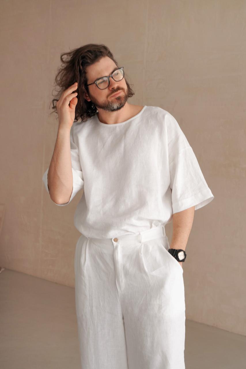 Men’s Oversized Linen T-Shirt LOTUS in White