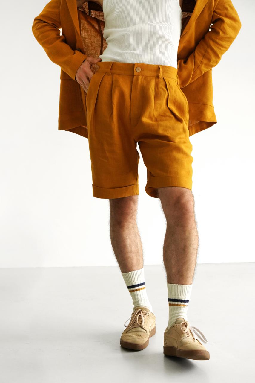 Men’s linen shorts with pleats CEDAR in Saffron