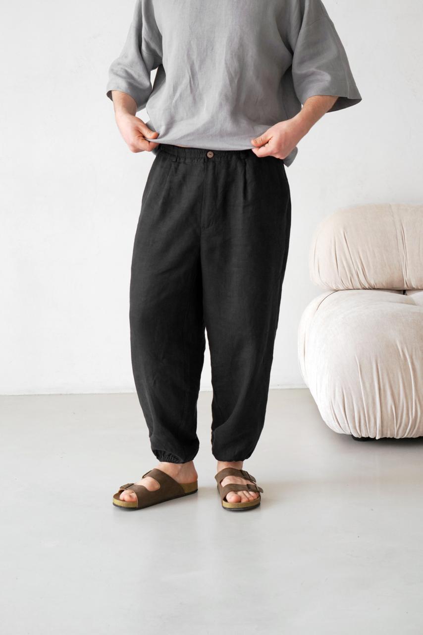 Men’s Pleated Linen Pants with Elastic Cuffs OLMO in Black