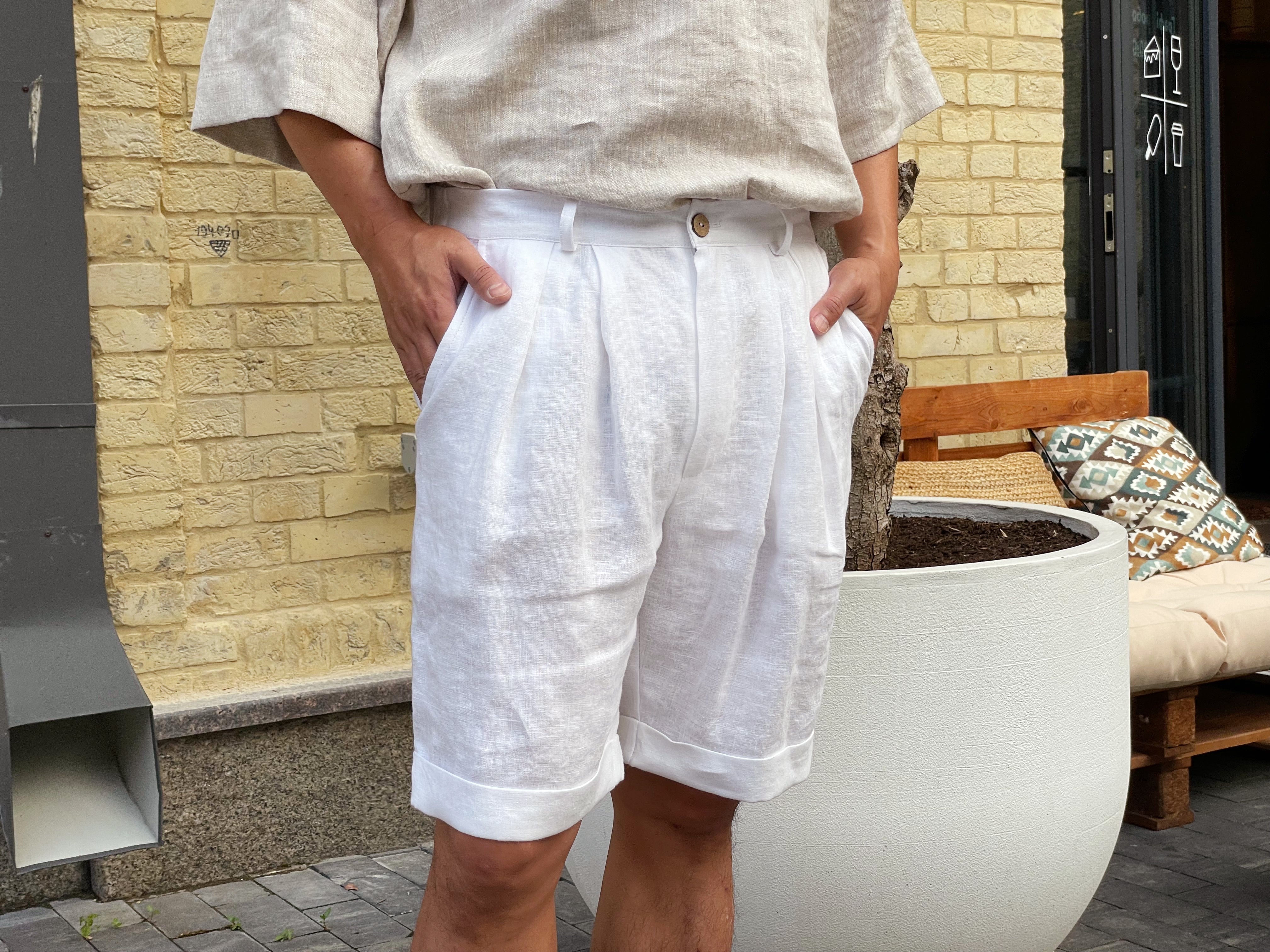 Men’s linen shorts with pleats CEDAR in White