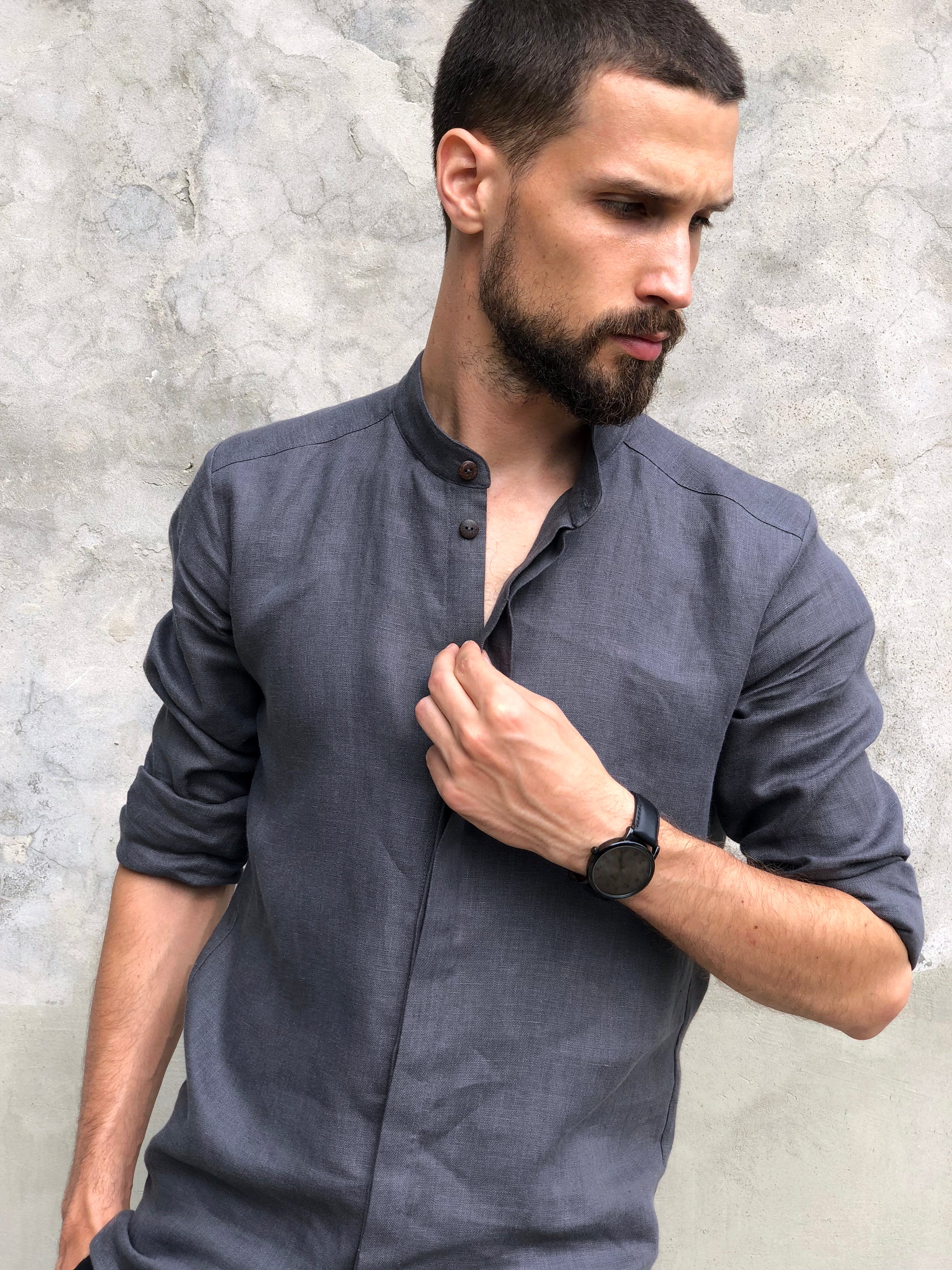Men’s Linen Shirt OLIVE in Dark grey