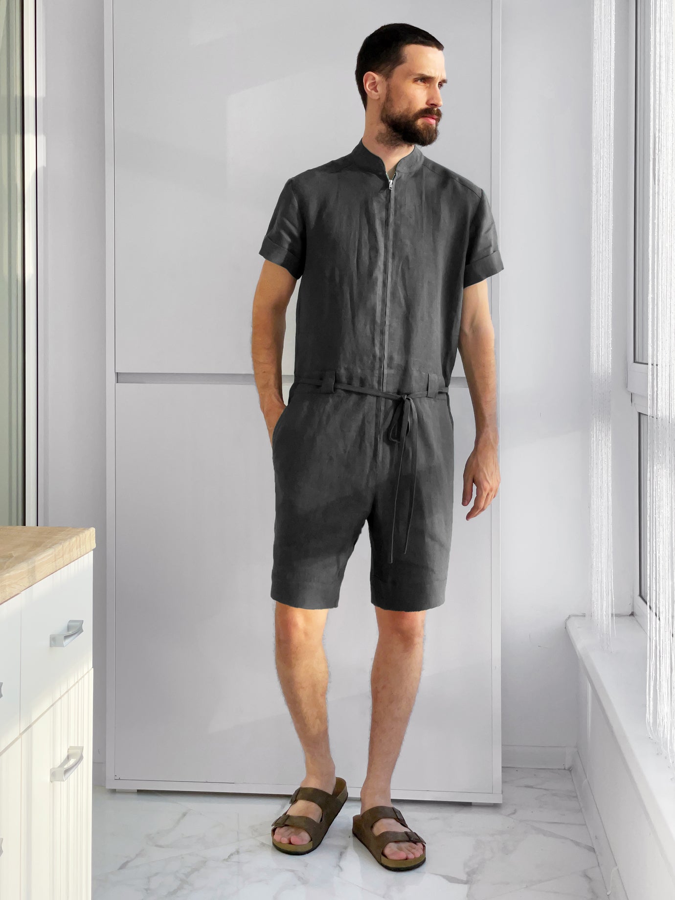 Mens Linen Romper PANDAN in Dark grey