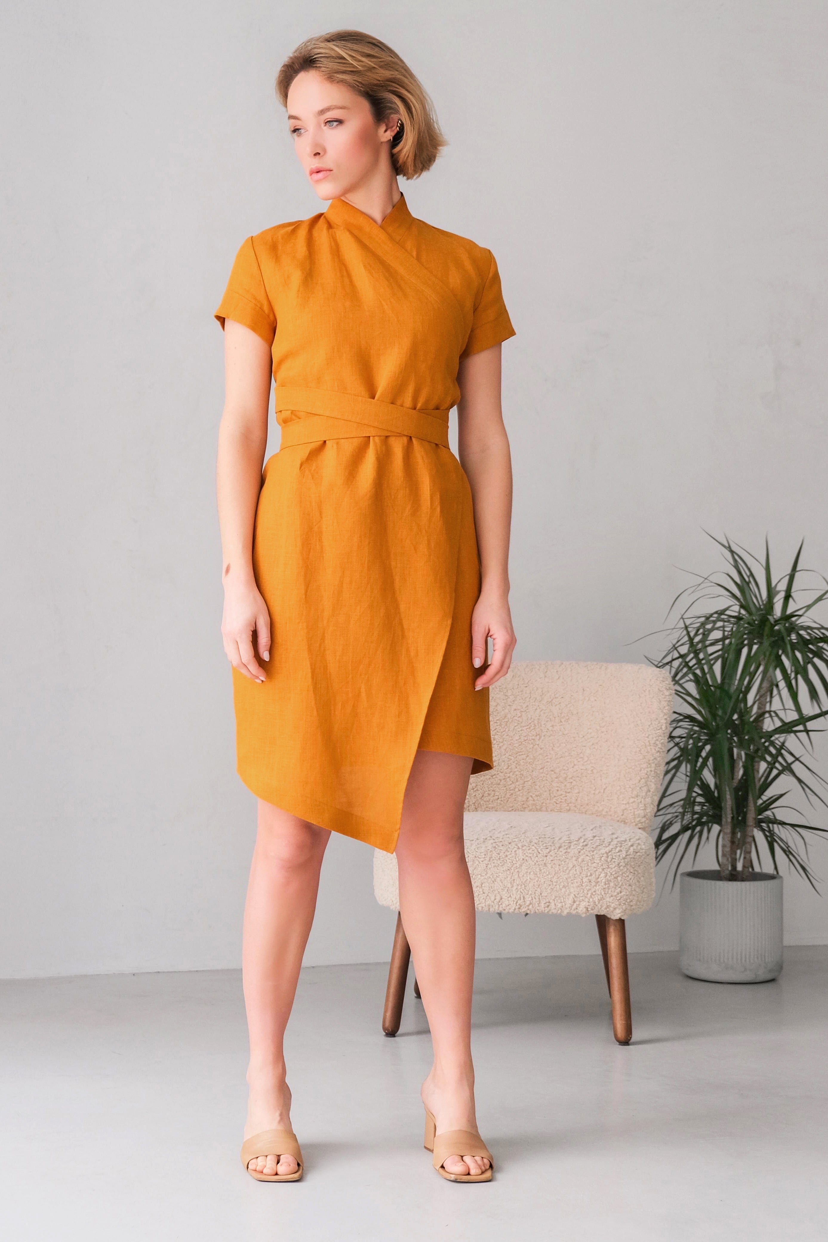 Women's Linen Wrap Dress ALOE in Saffron