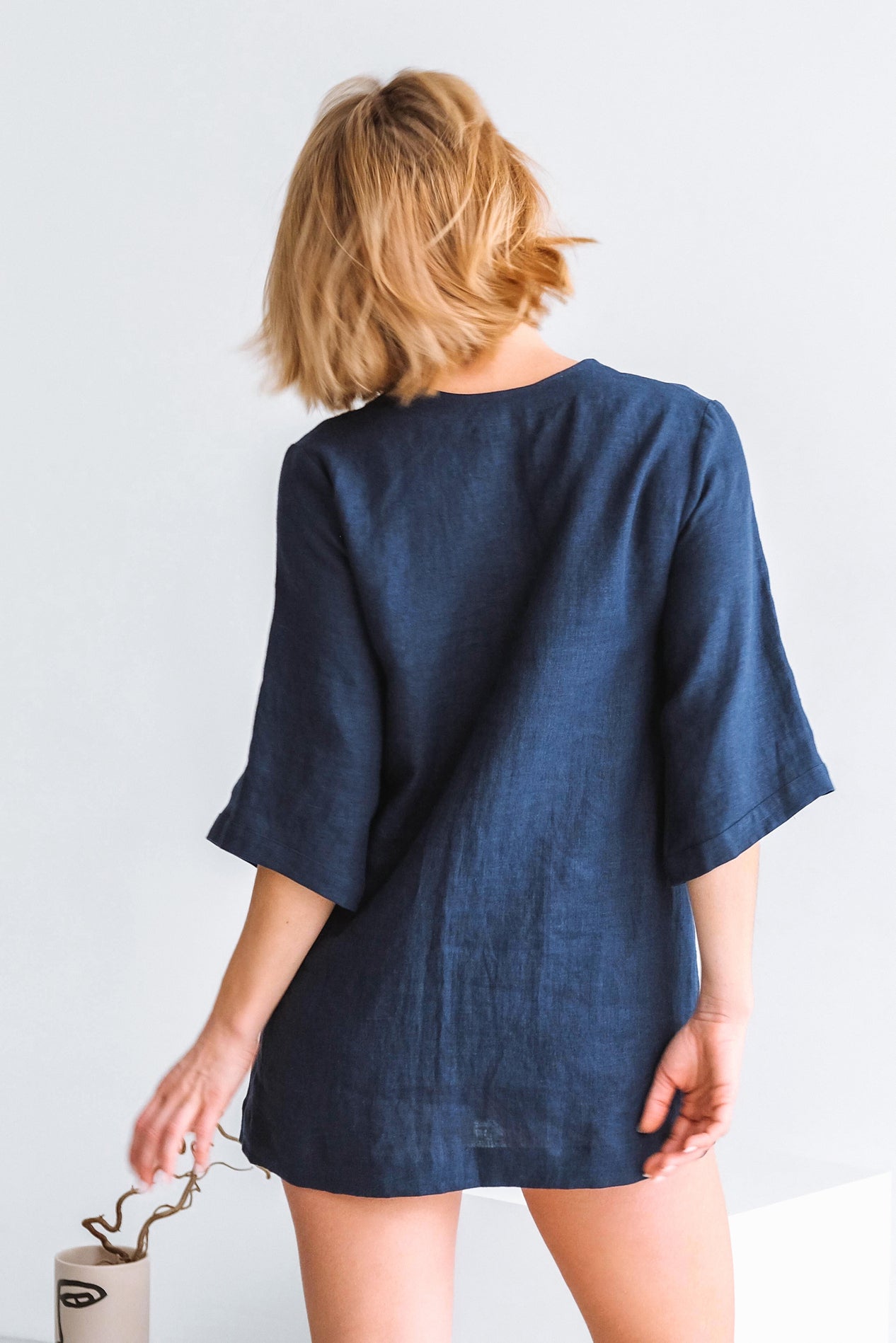 Short Summer Linen Dress SORRA in Dark blue