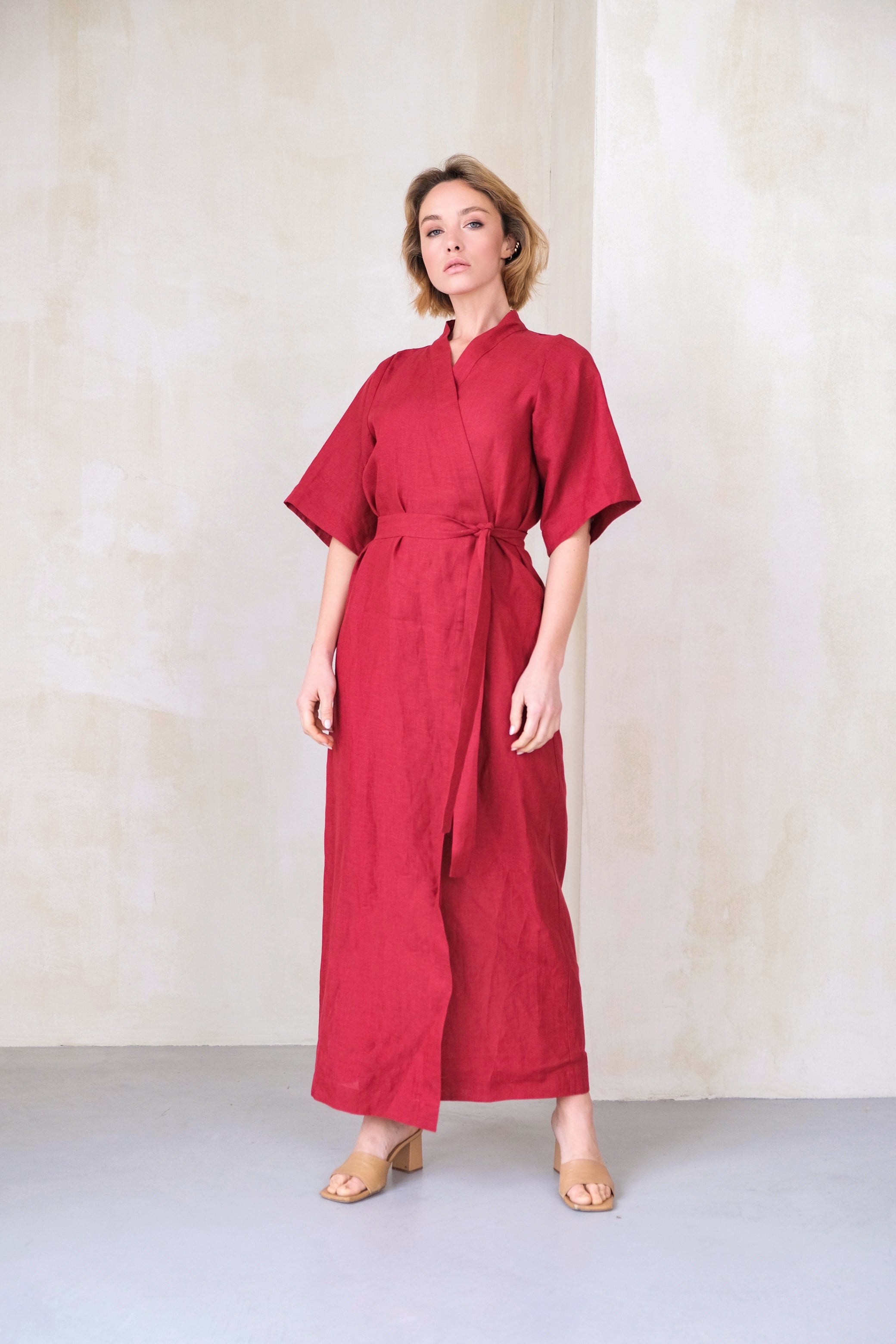 Women’s Long Linen Kimono UME in Red