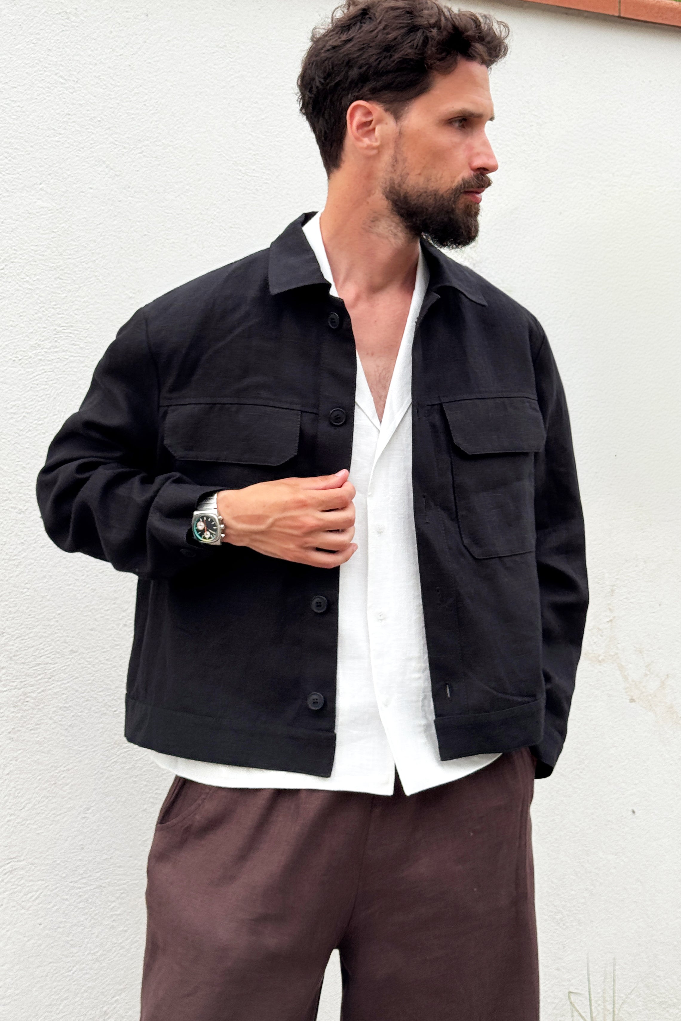 Men’s Linen Chore Jacket SEQUOIA in Black