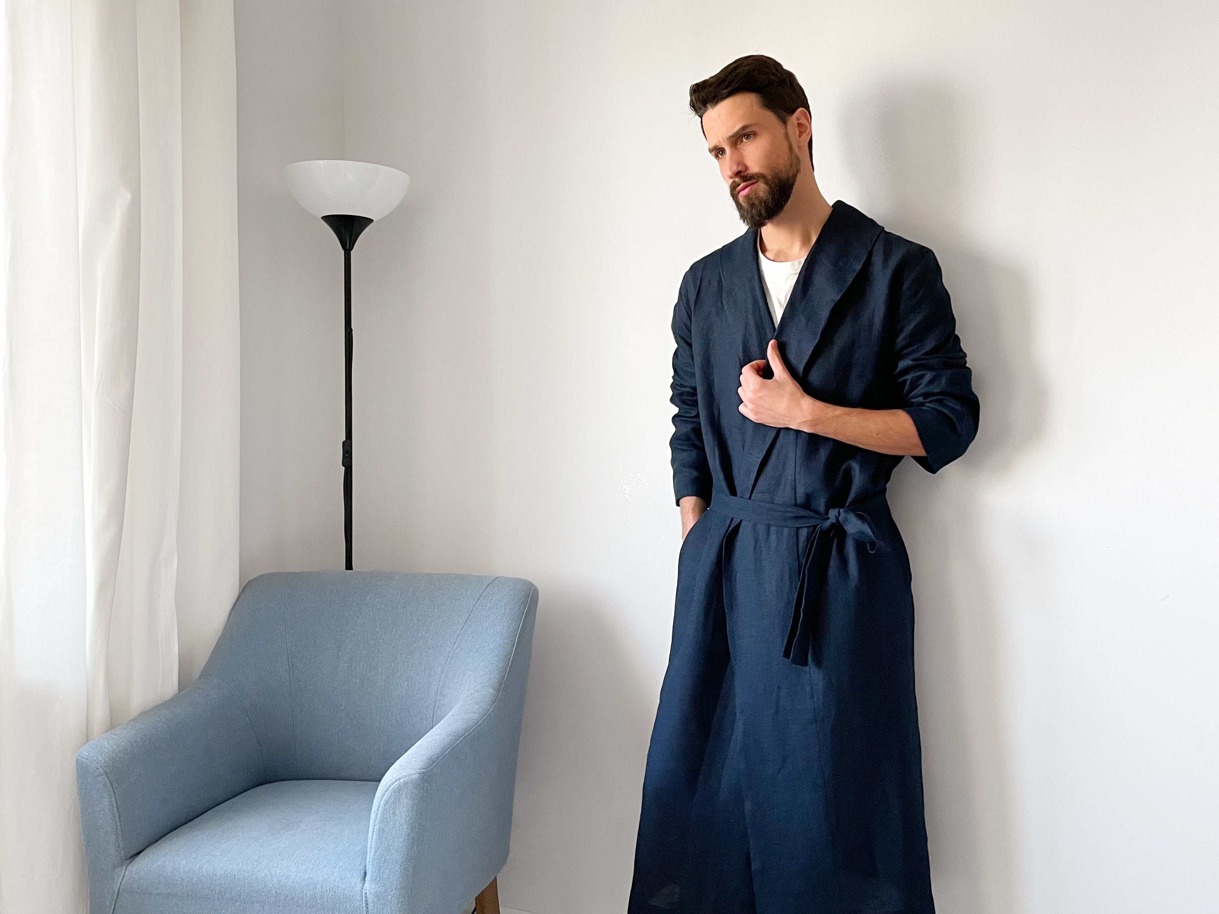 Men’s linen robe JUNIPER LONG in Dark blue