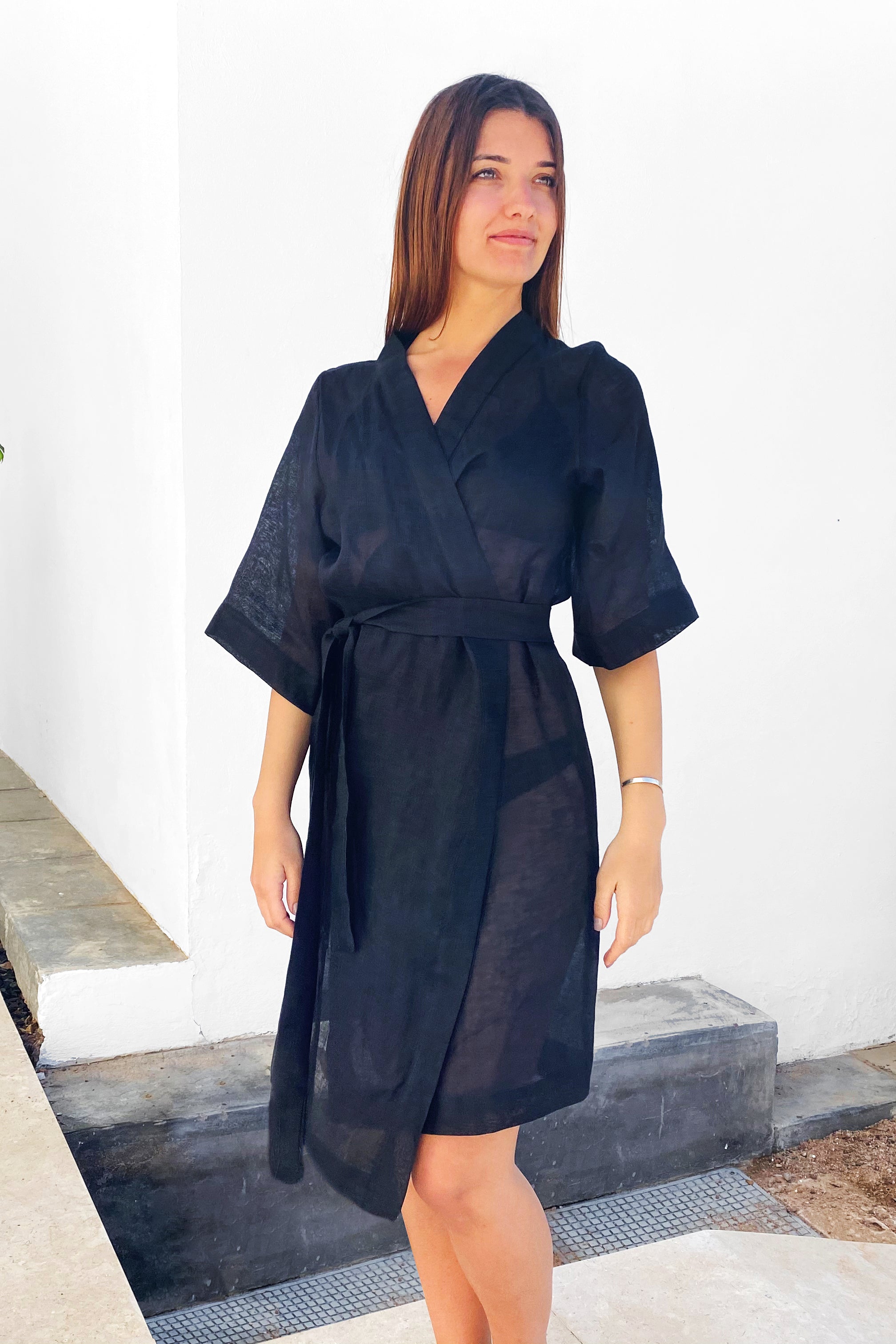 Womens Short Linen Kimono UME in Transparent Black XS