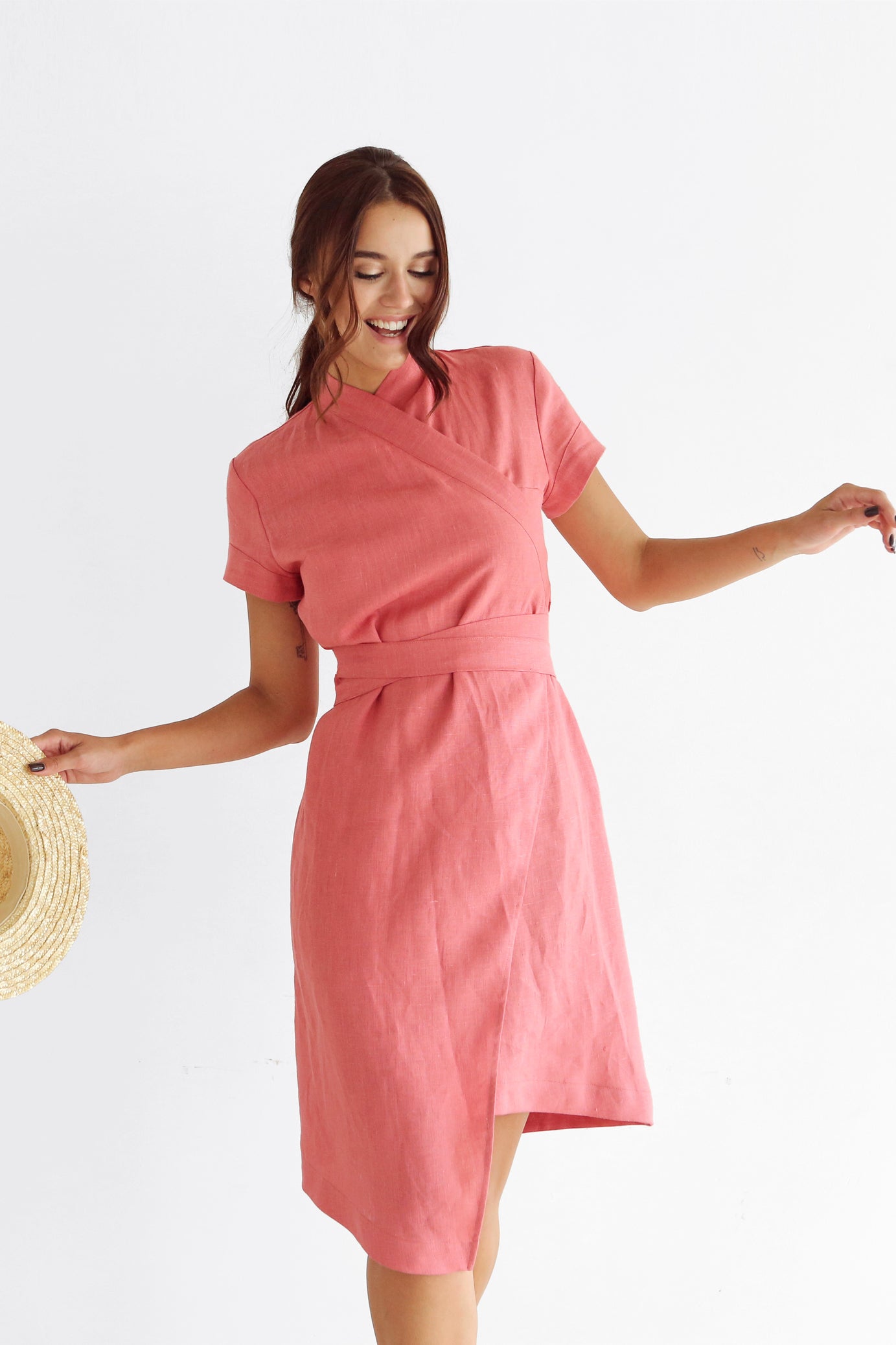 Women's Linen Wrap Dress ALOE in Peach