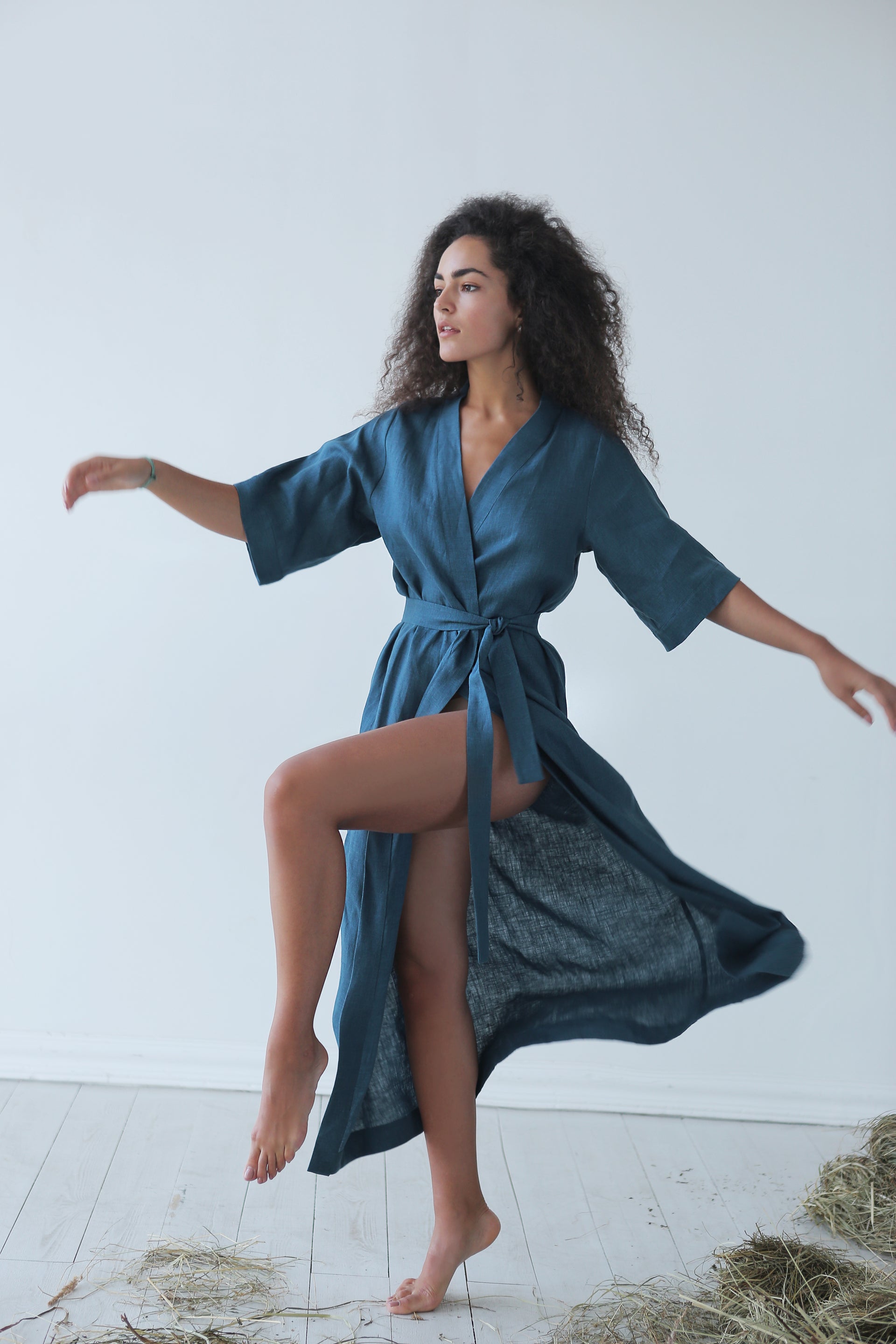 Women’s Long Linen Kimono UME in Navy blue