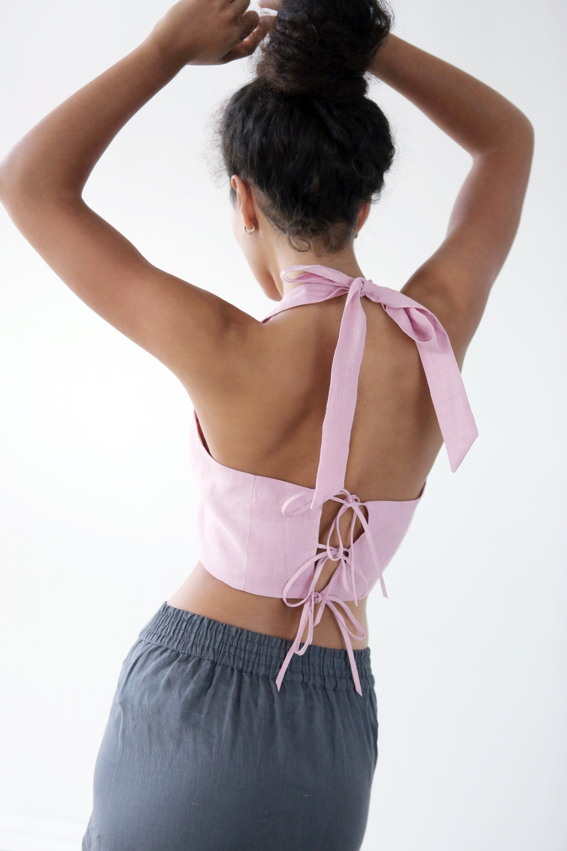 Linen Lace-Up Crop Top IVINA in Light pink