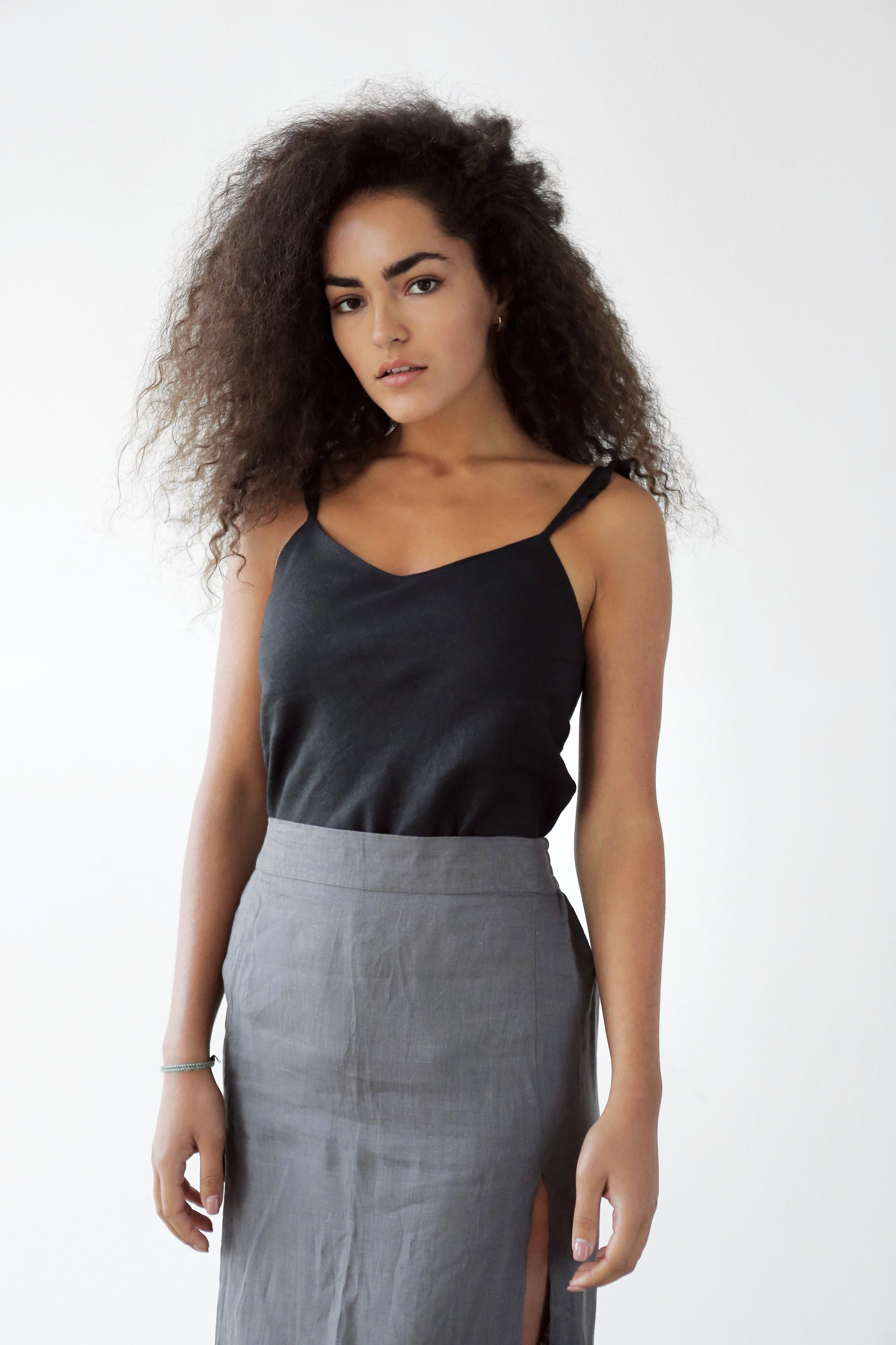 Women’s Ruffled Straps Linen Top FLORIN in Black