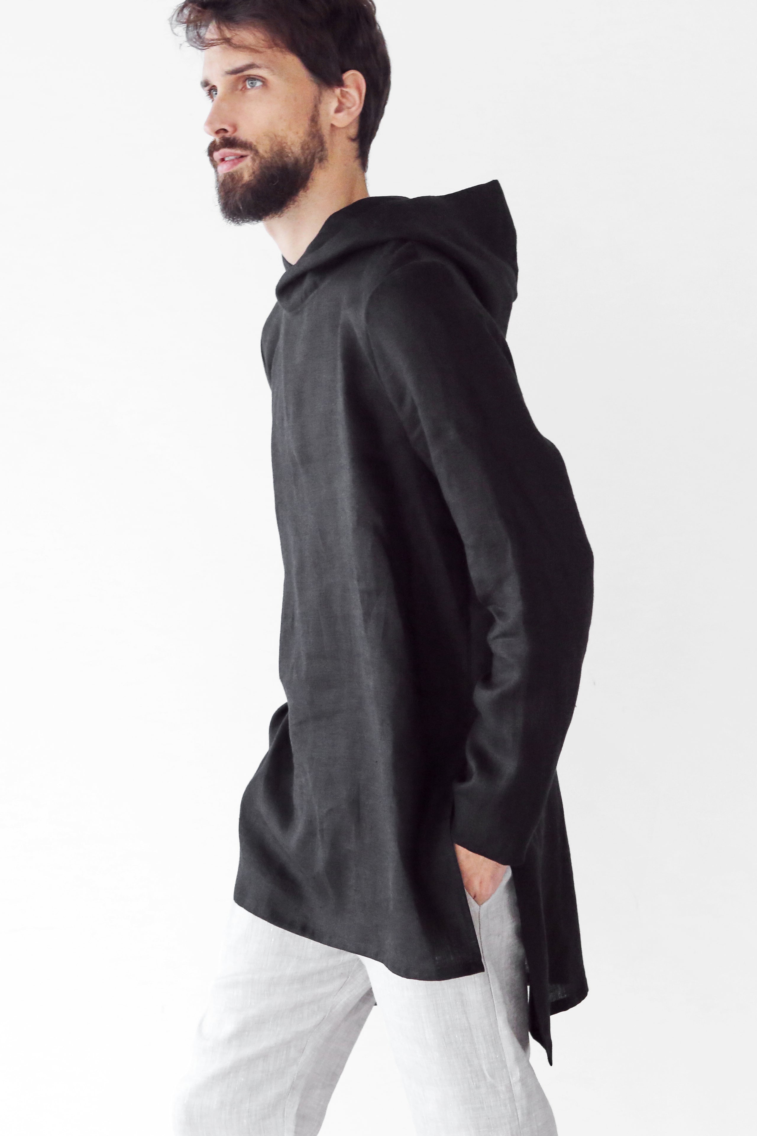 Men’s Long Linen Hoodie BALSA with splits in Black