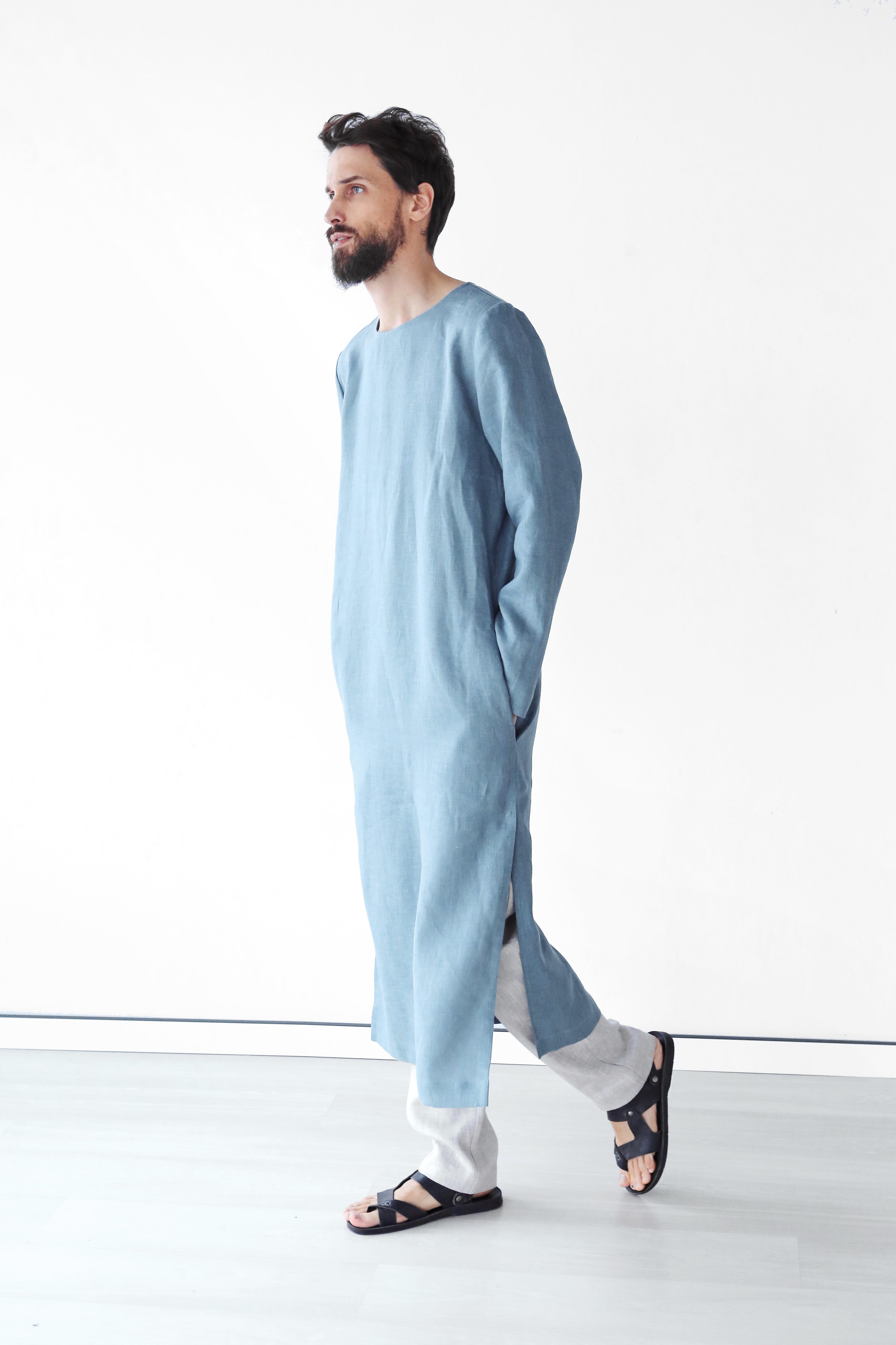 Men’s Long Linen T-Shirt, Kaftan LOTAN in Blue grey