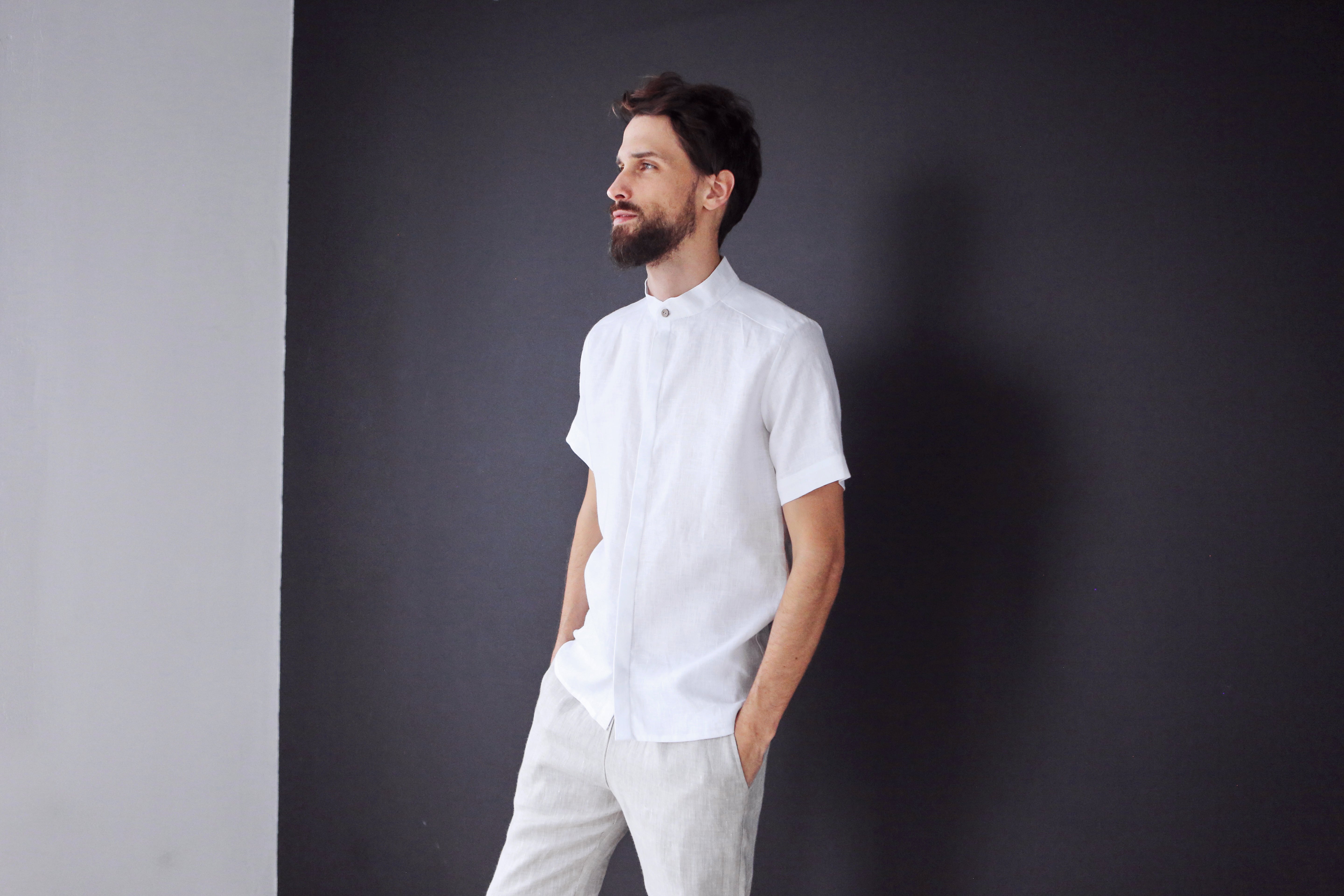 Men’s Short-Sleeved Linen Shirt OLIVE in White