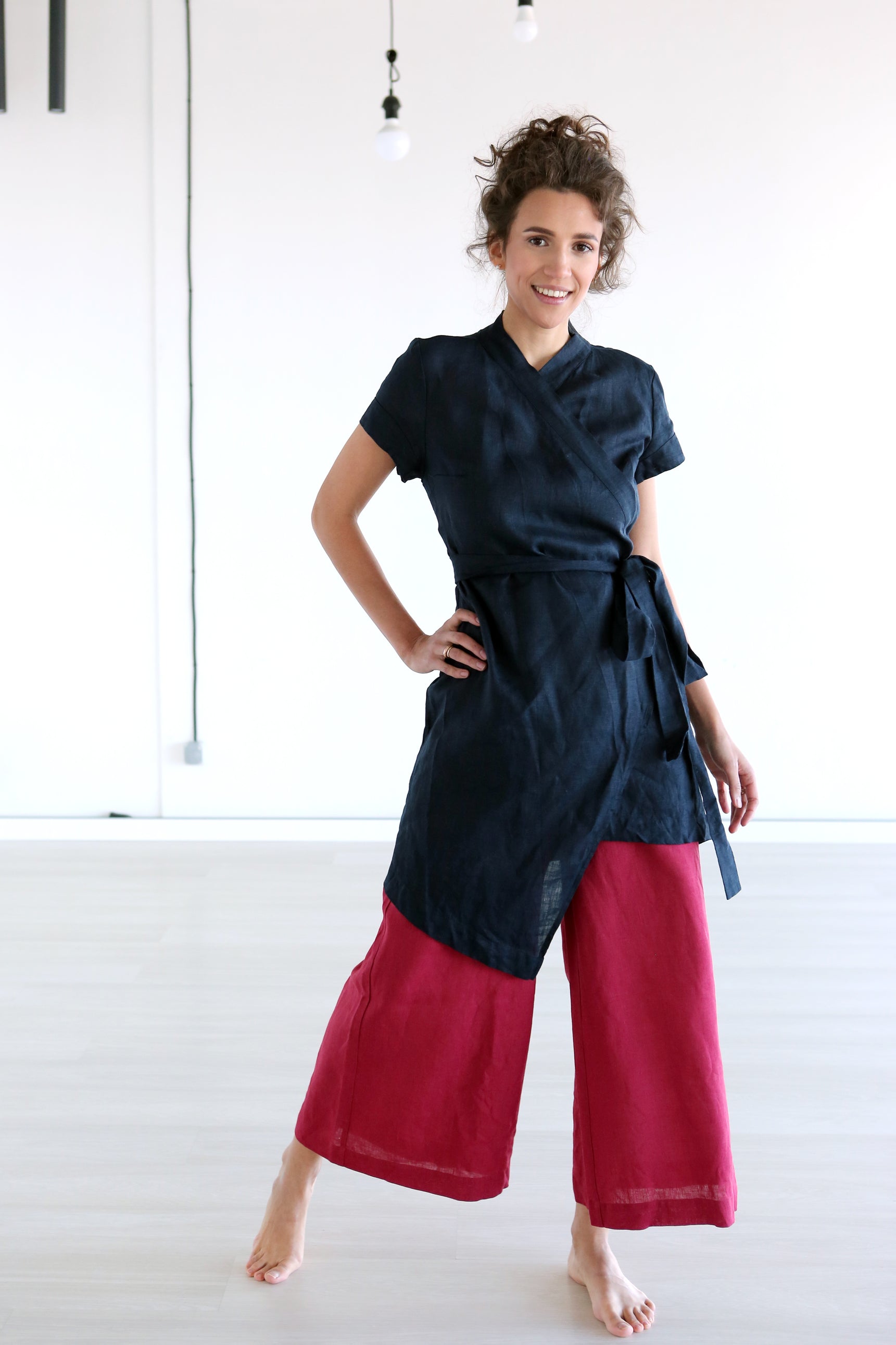 Women's Linen Wrap Dress ALOE in Dark blue XS