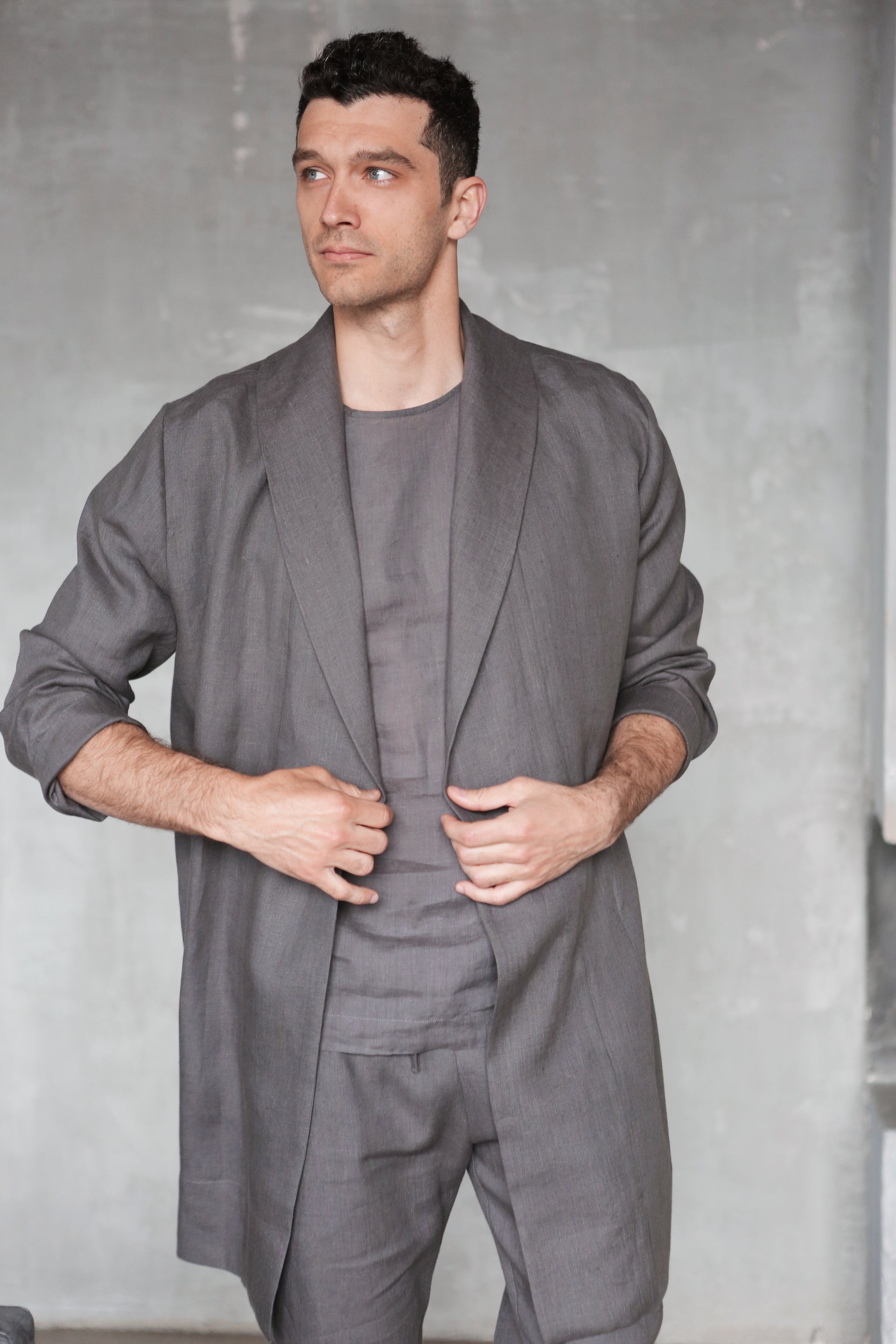 Men's Linen Cardigan WALNUT in Dark grey