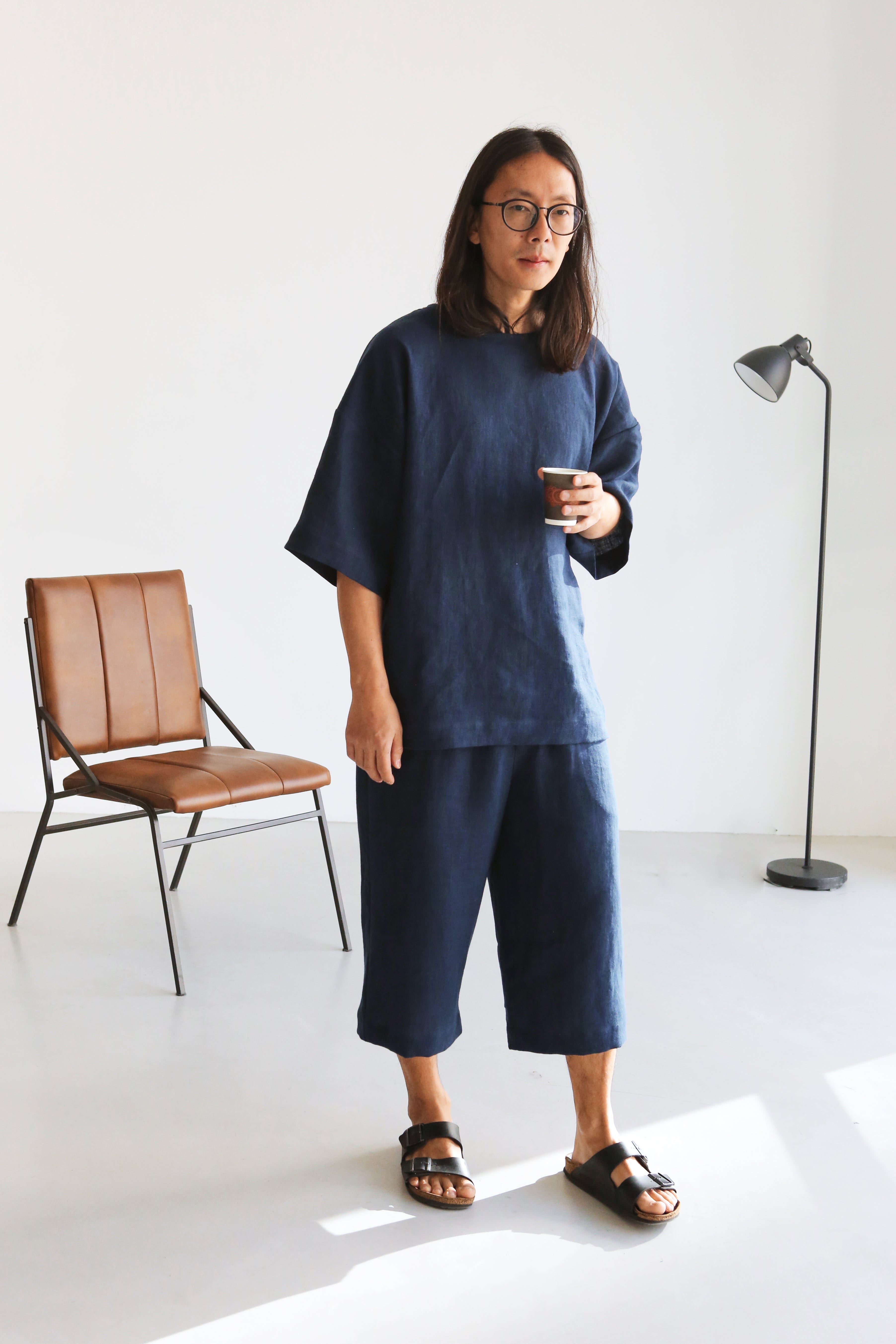 Cropped Wide-Leg Linen Pants WILLOW in Dark blue