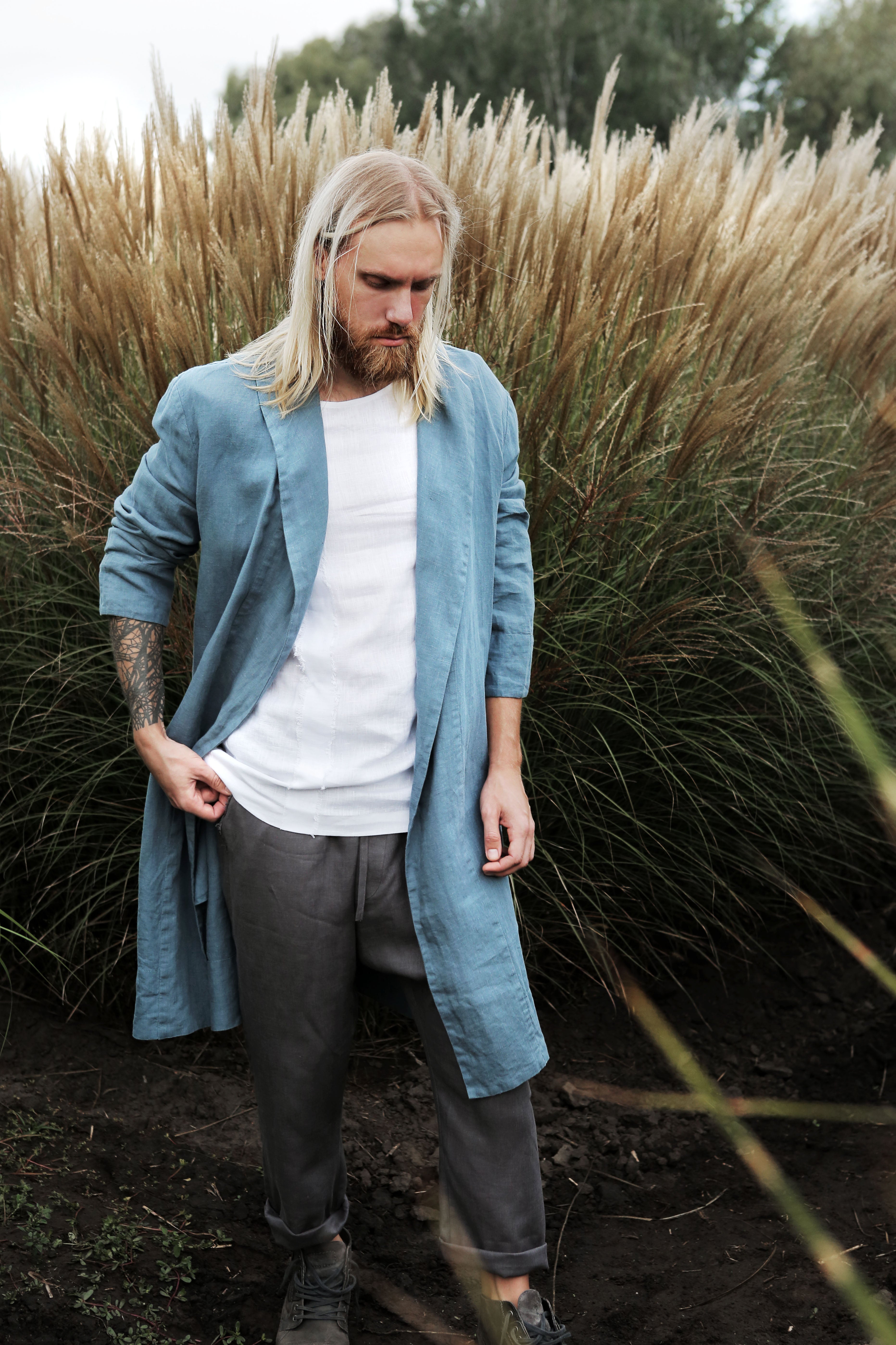 Men’s linen bathrobe JUNIPER in Blue grey