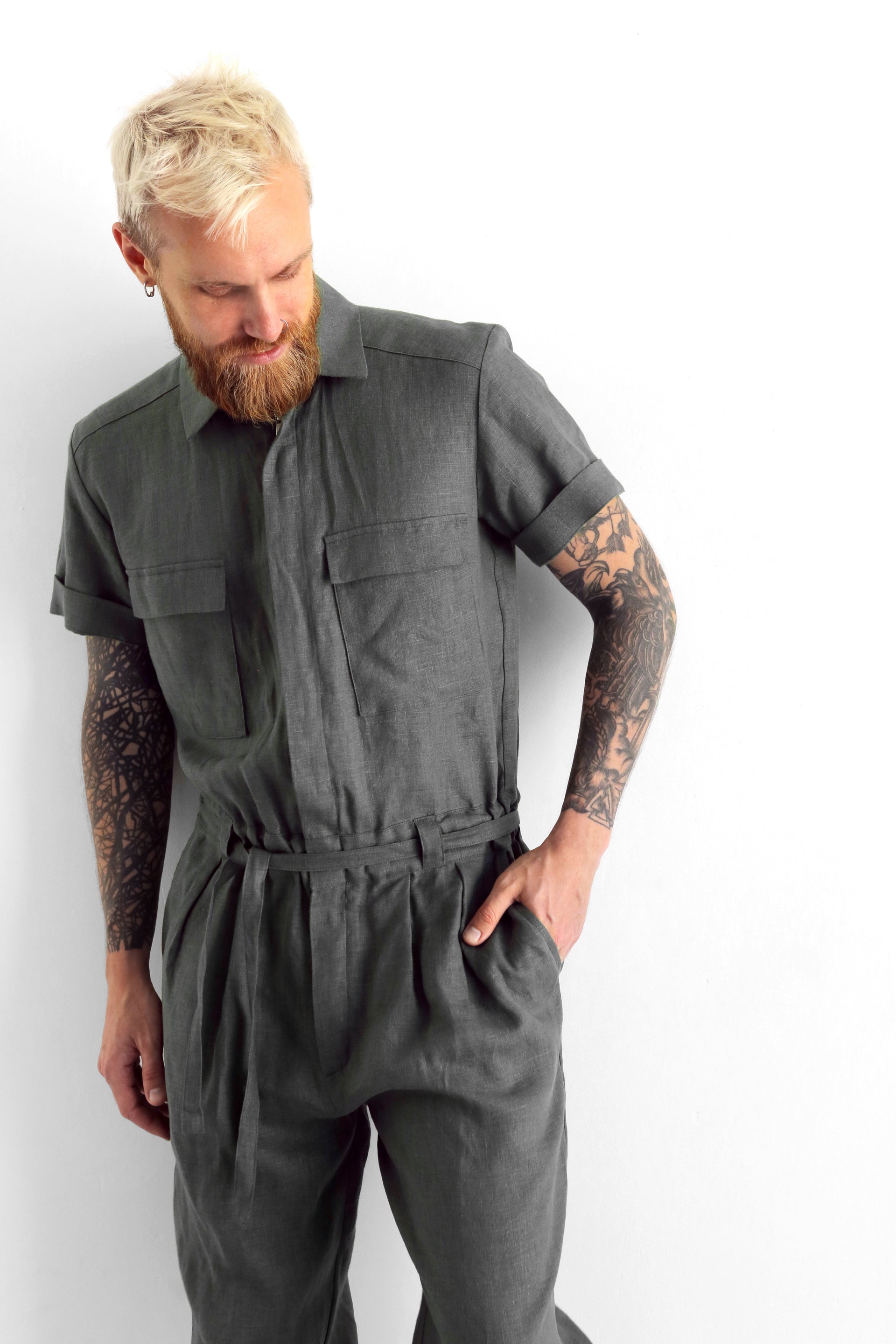 Mens Linen Jumpsuit SANDAL in Dark grey