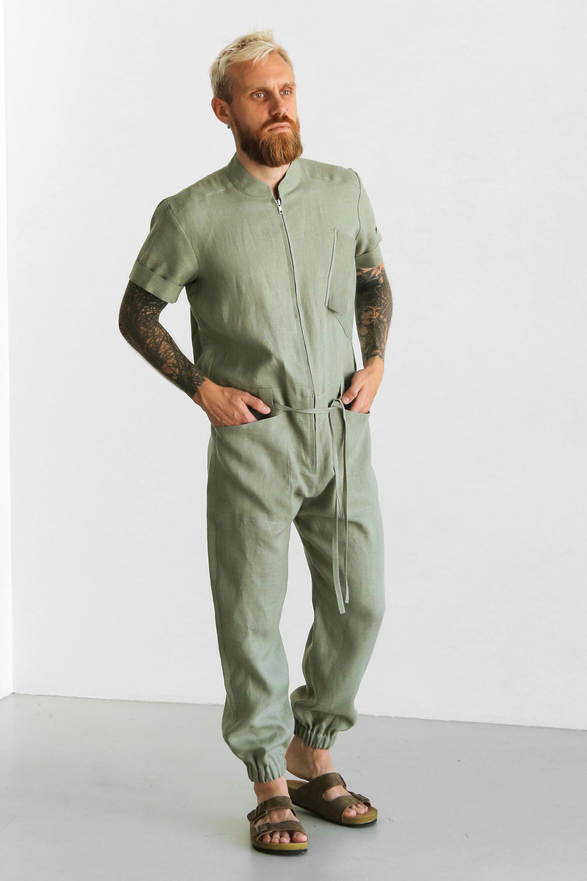 Mens Linen Jumpsuit PALO SANTO Short Sleeve in Olive