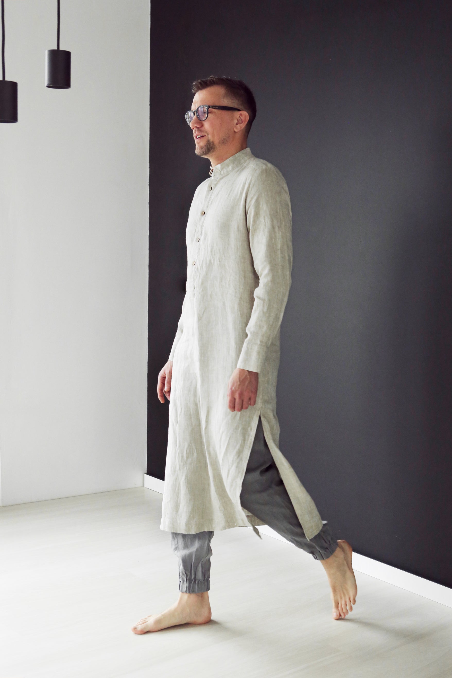 Men’s Long Linen Shirt, Kaftan CYPRESS in Beige