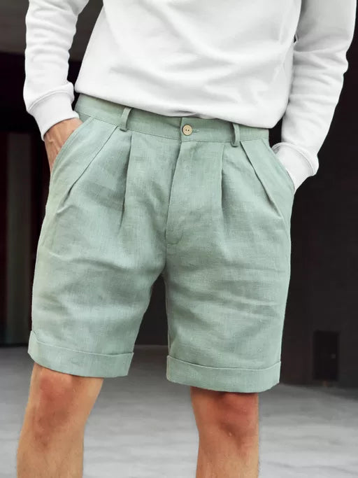 Men’s linen shorts with pleats CEDAR in Olive